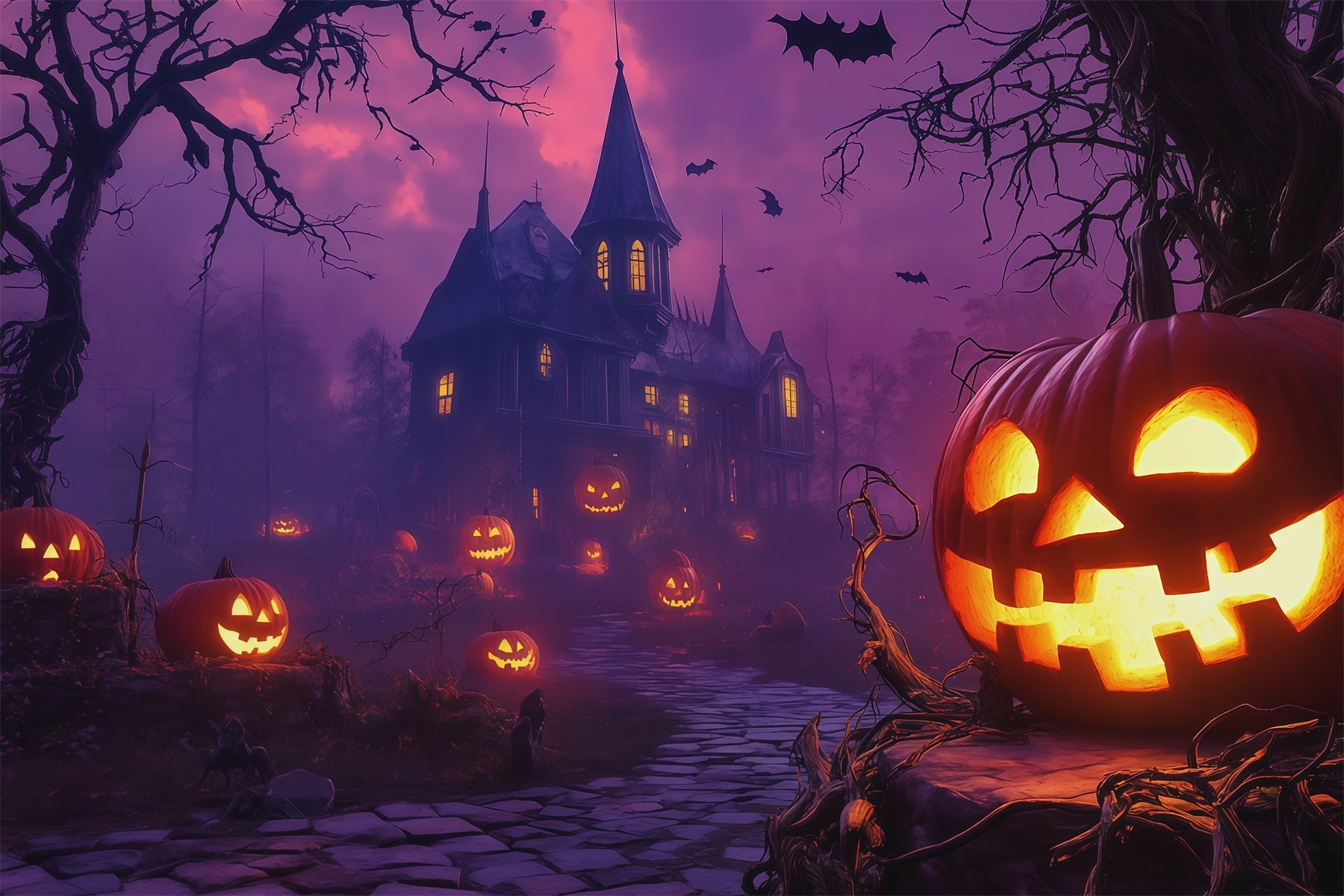 Pumpkins Backdrop Purple Sky Haunted Manor Halloween Backdrop Photo UK RR67-176