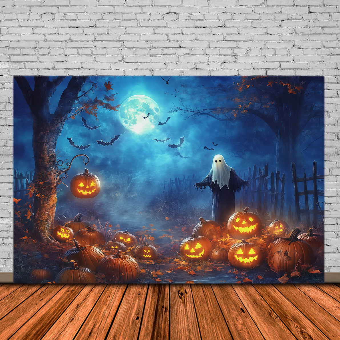 Pumpkin Patch Halloween Backdrop Moonlit Ghost Forest Halloween Outdoor Backdrop UK RR67-177
