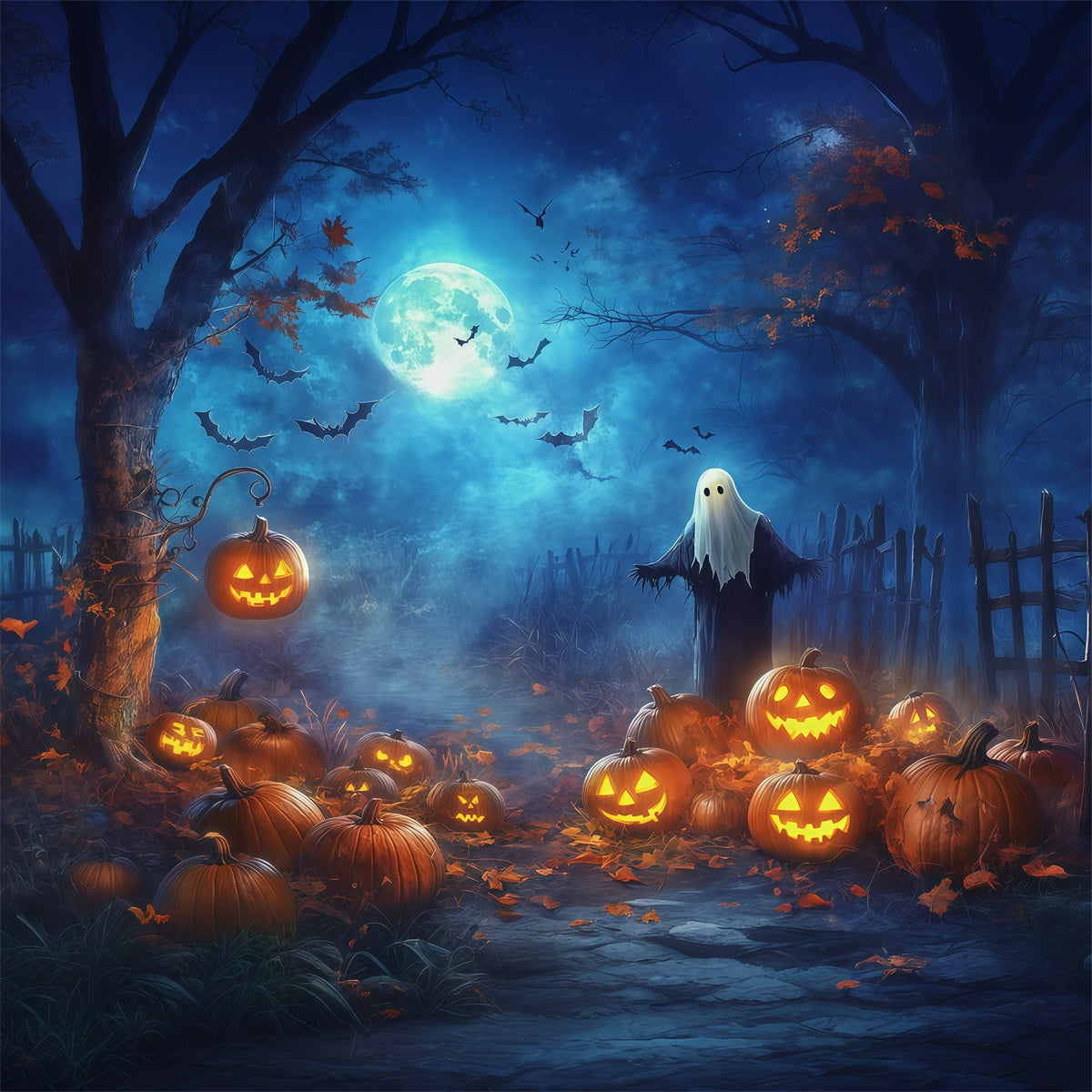 Pumpkin Patch Halloween Backdrop Moonlit Ghost Forest Halloween Outdoor Backdrop UK RR67-177
