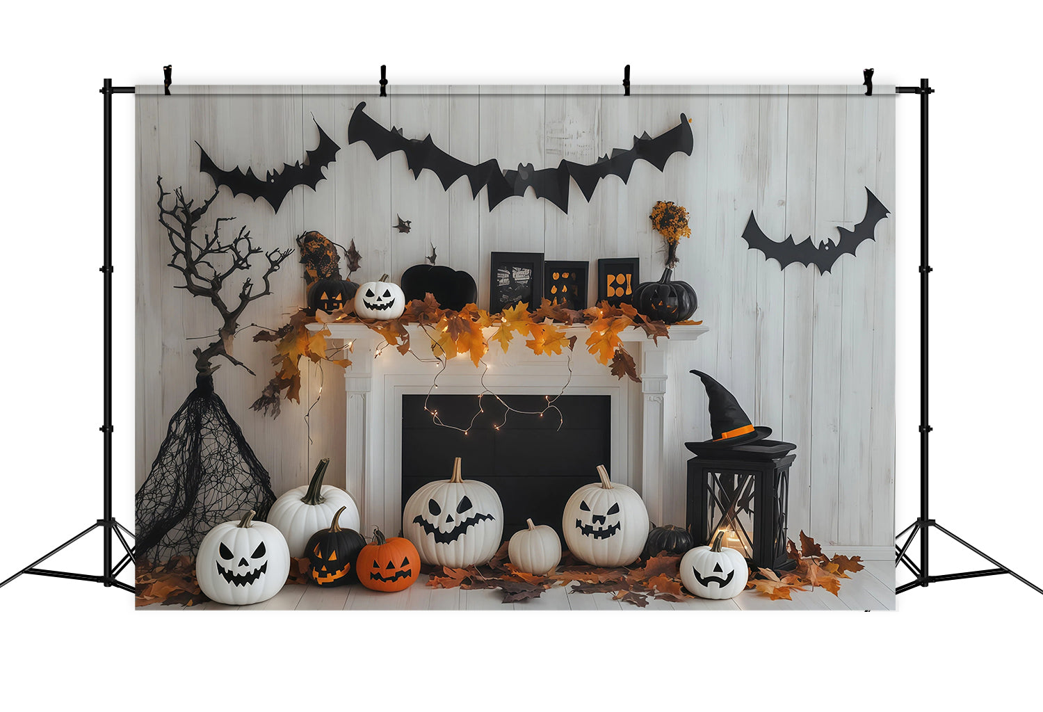 White Pumpkin Backdrop Fireplace Mantel Bat Decor Custom Halloween Backdrop UK RR67-179