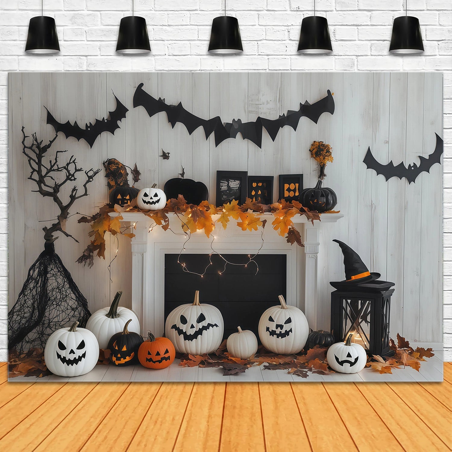 White Pumpkin Backdrop Fireplace Mantel Bat Decor Custom Halloween Backdrop UK RR67-179