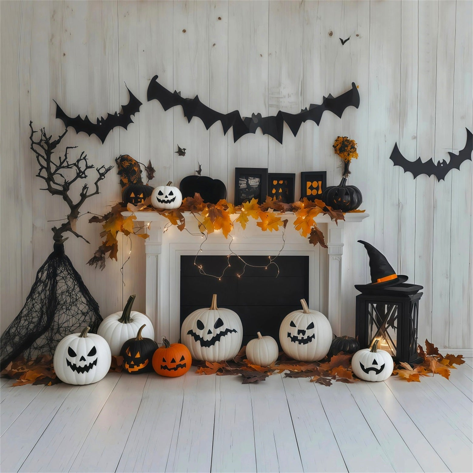 White Pumpkin Backdrop Fireplace Mantel Bat Decor Custom Halloween Backdrop UK RR67-179