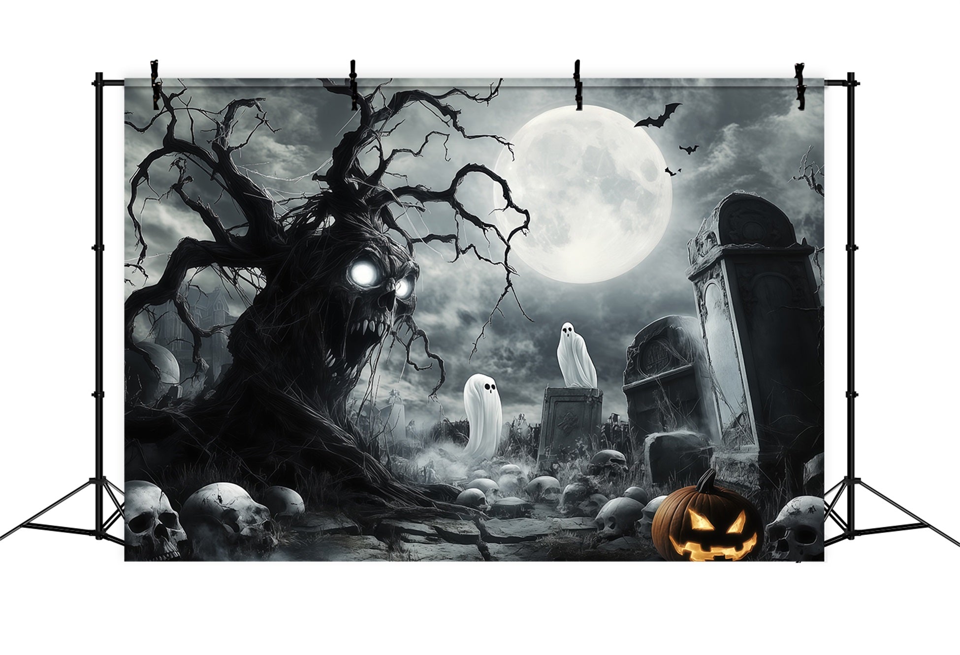 Halloween Ghost Backdrop Ghostly Skull Tree Graveyard Scary Halloween Backdrop UK RR67-18