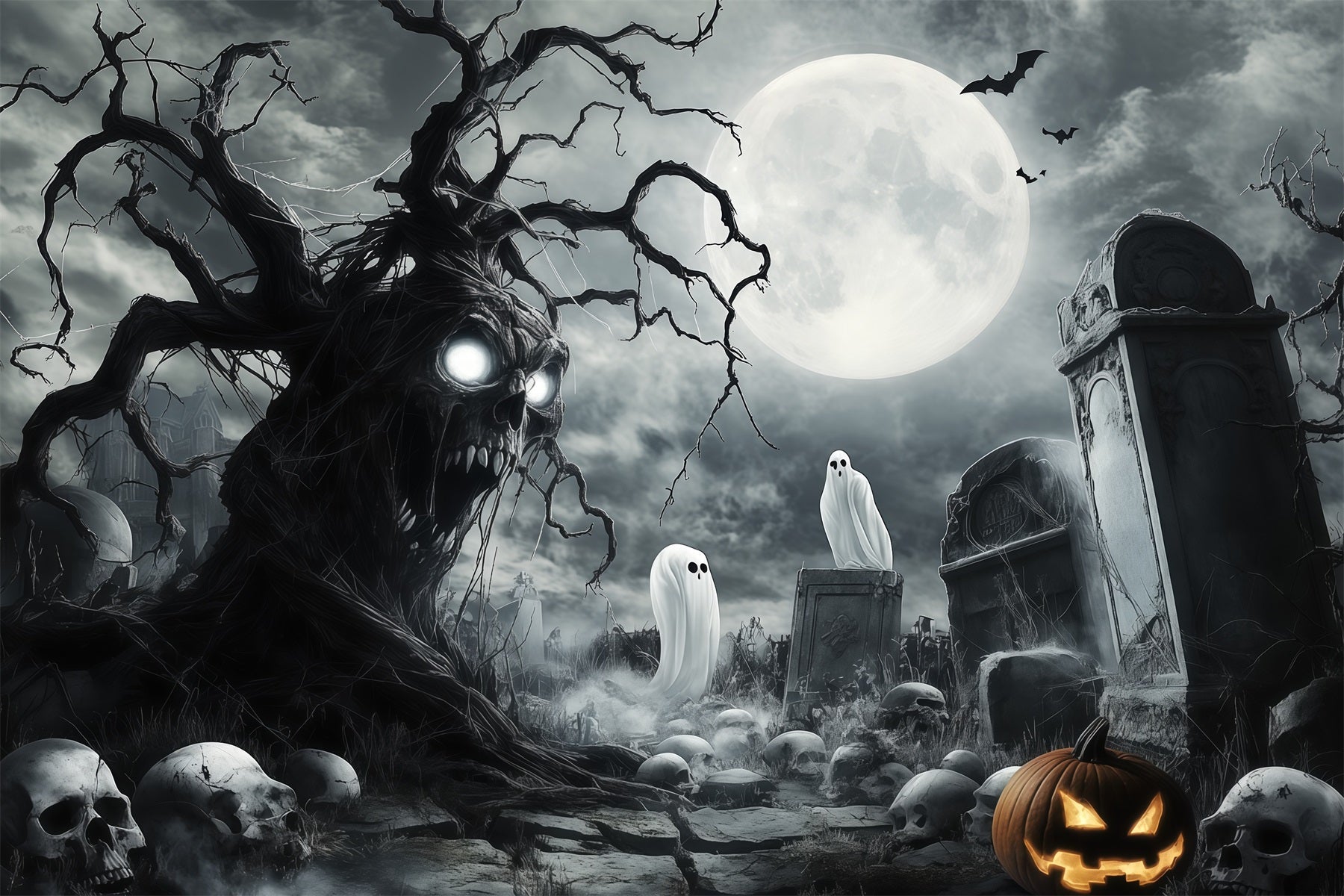 Halloween Ghost Backdrop Ghostly Skull Tree Graveyard Scary Halloween Backdrop UK RR67-18