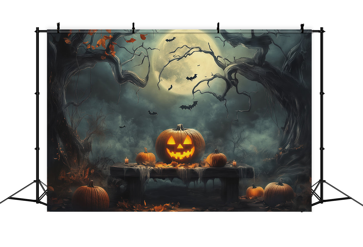 Halloween Backdrop With Pumpkins Moonlit Forest Table Photo Booth Halloween Backdrop Ideas UK RR67-180