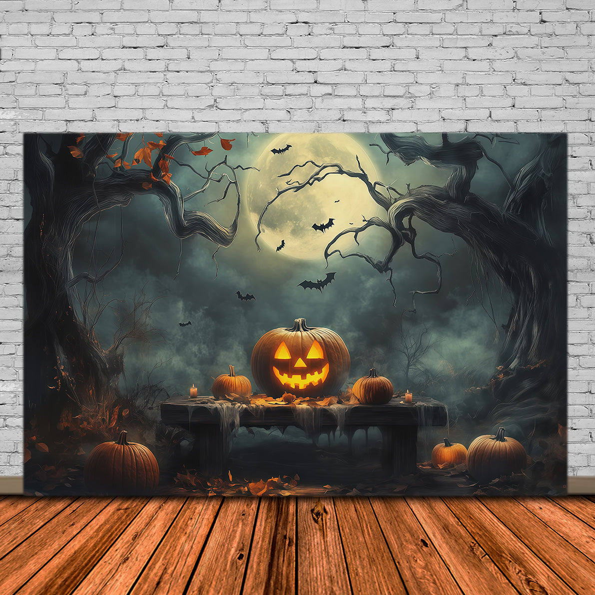Halloween Backdrop With Pumpkins Moonlit Forest Table Photo Booth Halloween Backdrop Ideas UK RR67-180
