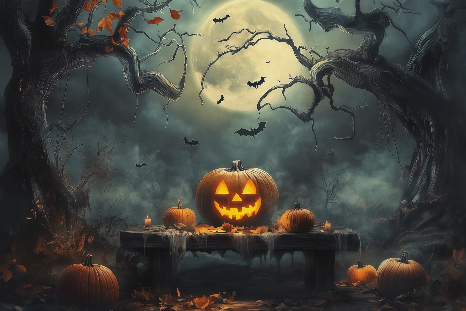 Halloween Backdrop With Pumpkins Moonlit Forest Table Photo Booth Halloween Backdrop Ideas UK RR67-180