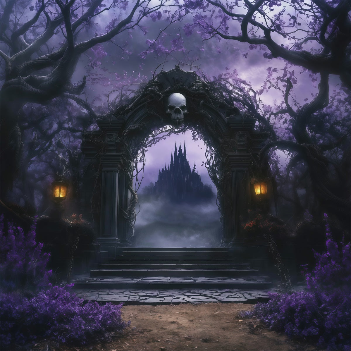 Gothic Castle Backdrop Skull Arch Castle Path Fall Halloween Backdrop UK RR67-181