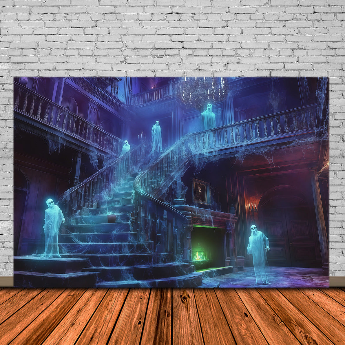 Backdrops Inside Haunted House Ghostly Cobweb Mansion Staircase Halloween Spooky Backdrop UK RR67-186