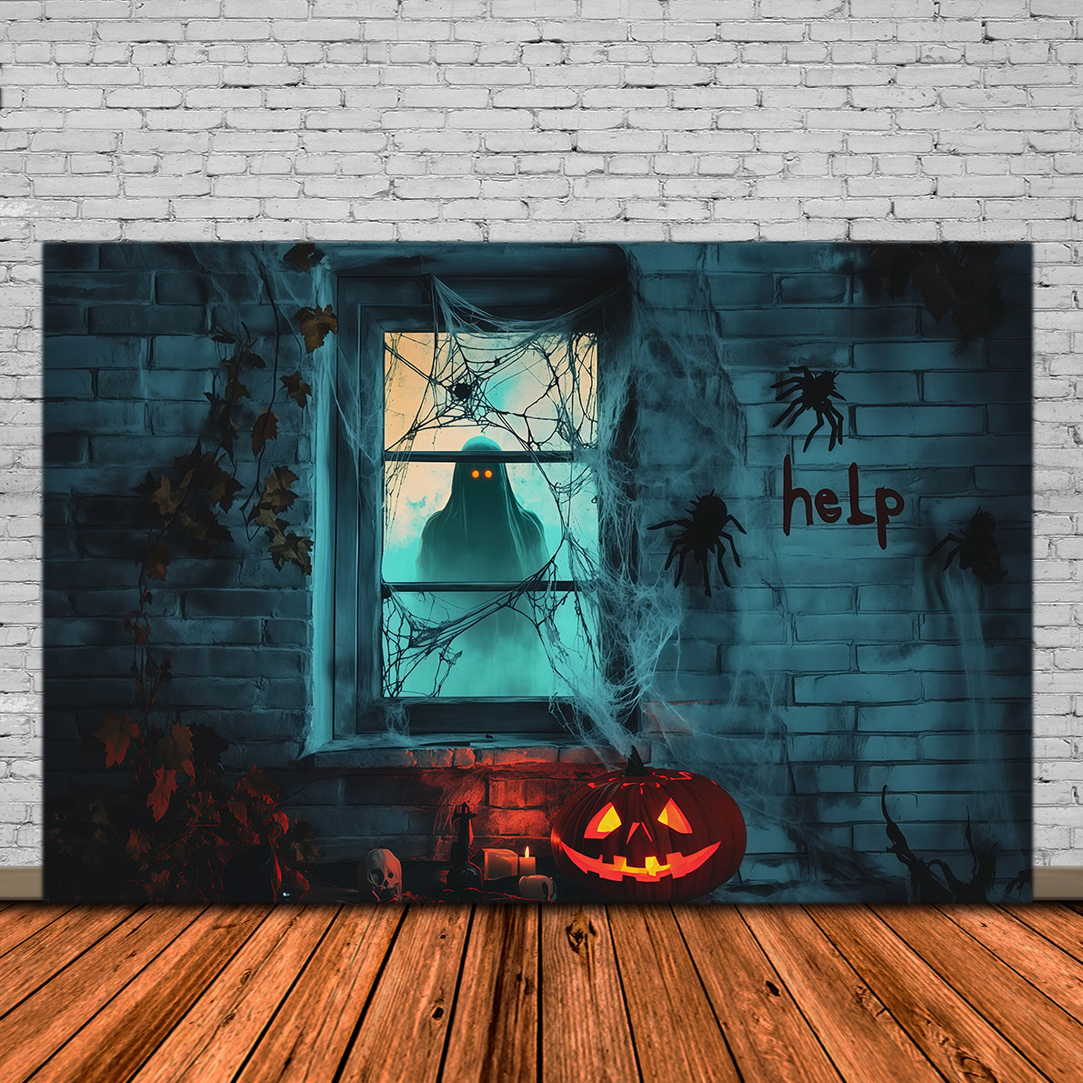 Spooky Girl Window Backdrop Creepy Ghost Webs Halloween Garage Backdrop UK RR67-188