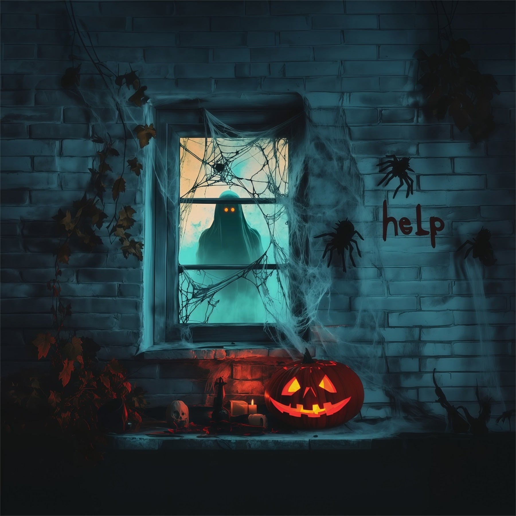 Spooky Girl Window Backdrop Creepy Ghost Webs Halloween Garage Backdrop UK RR67-188