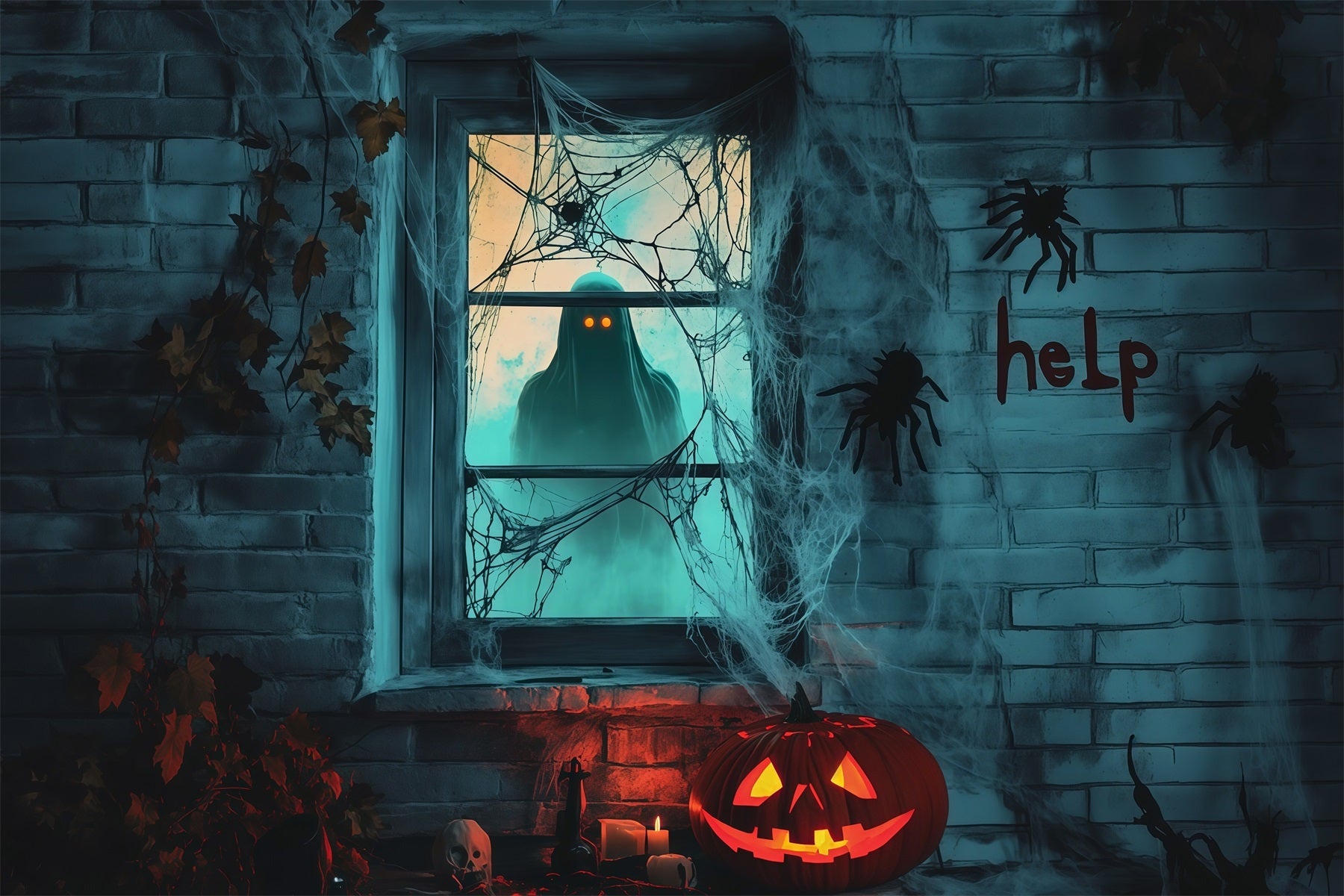 Spooky Girl Window Backdrop Creepy Ghost Webs Halloween Garage Backdrop UK RR67-188