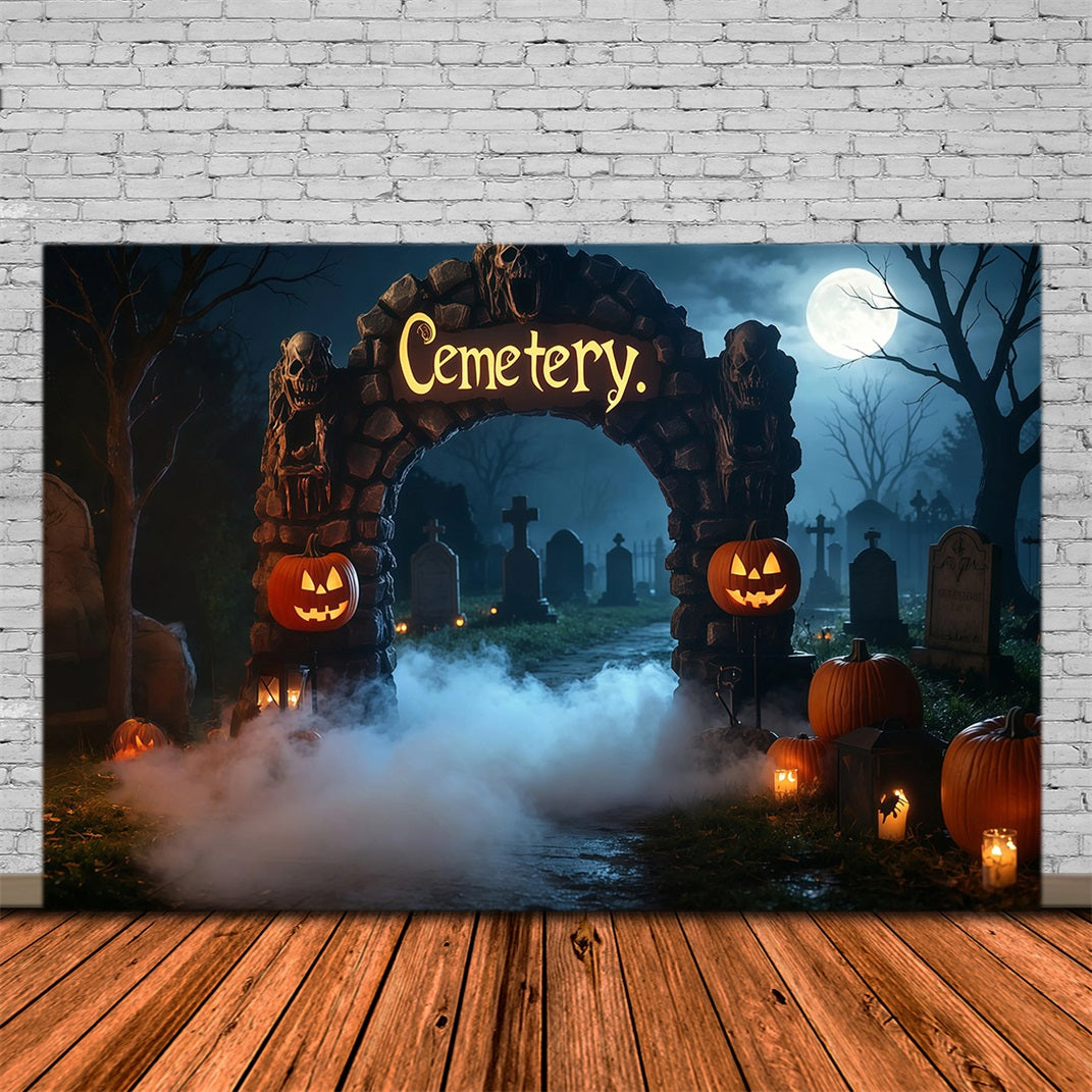 Halloween Cardboard Backdrops Foggy Graveyard Arch Pumpkins Halloween Photography Backdrop UK RR67-19
