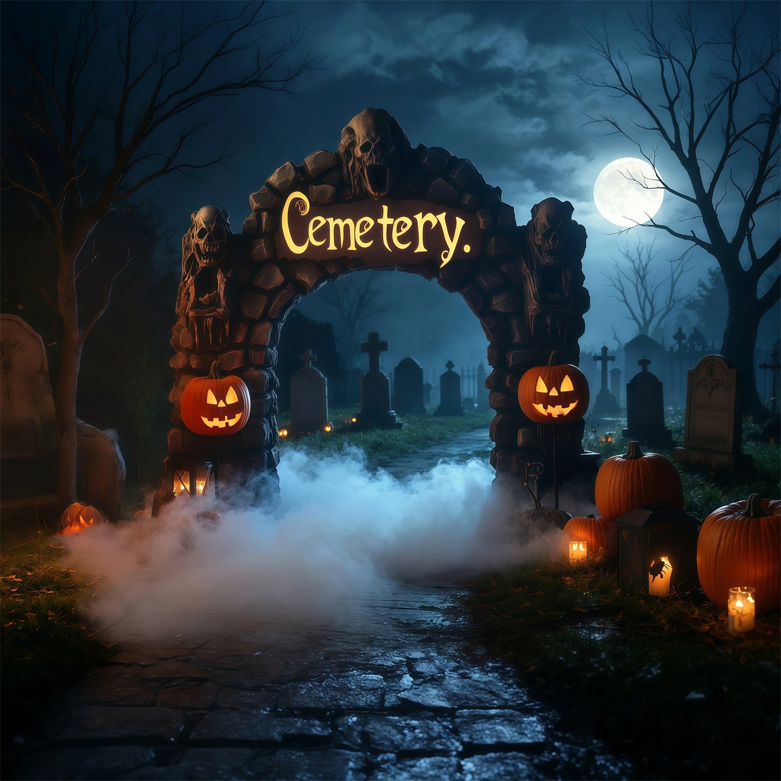 Halloween Cardboard Backdrops Foggy Graveyard Arch Pumpkins Halloween Photography Backdrop UK RR67-19