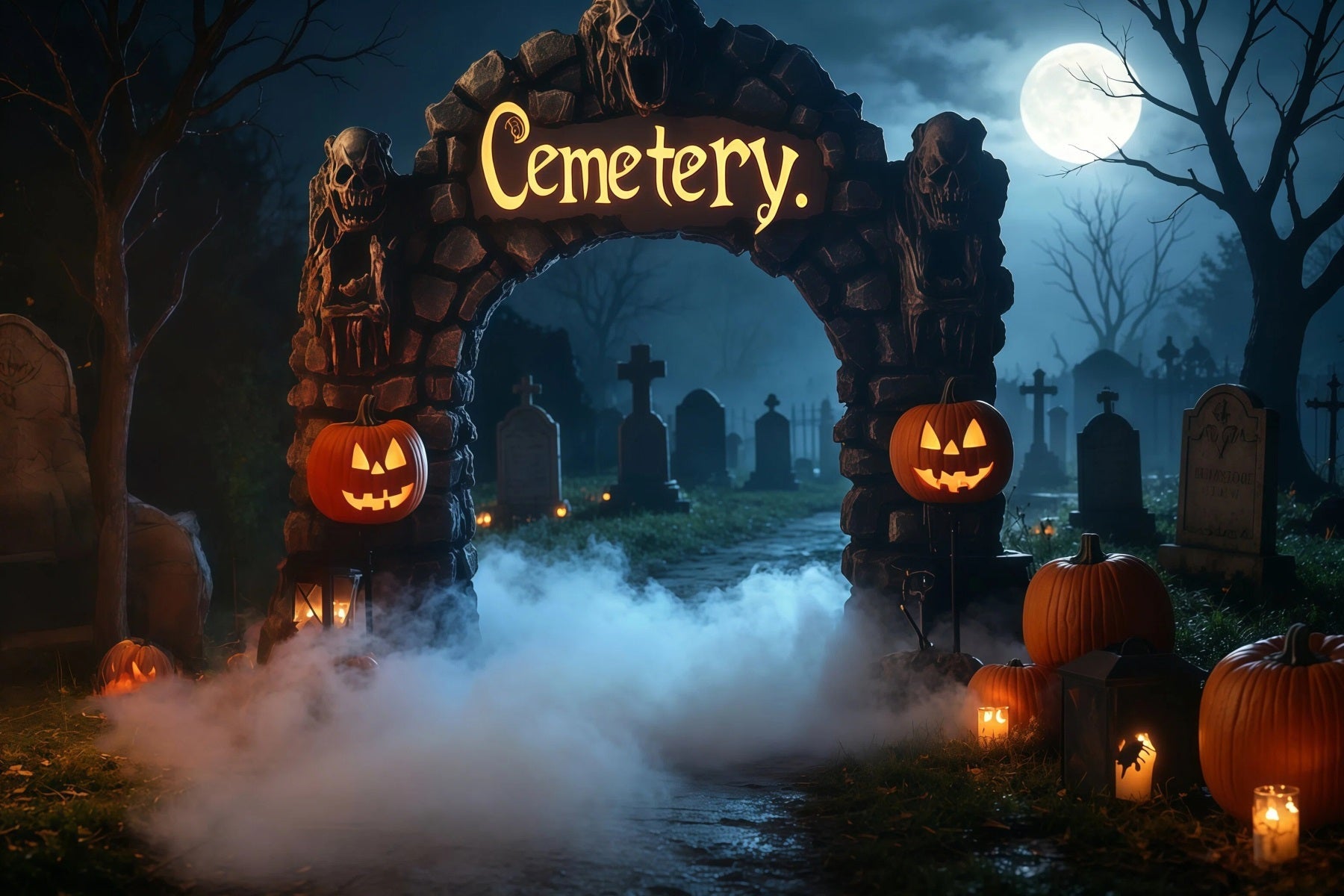 Halloween Cardboard Backdrops Foggy Graveyard Arch Pumpkins Halloween Photography Backdrop UK RR67-19