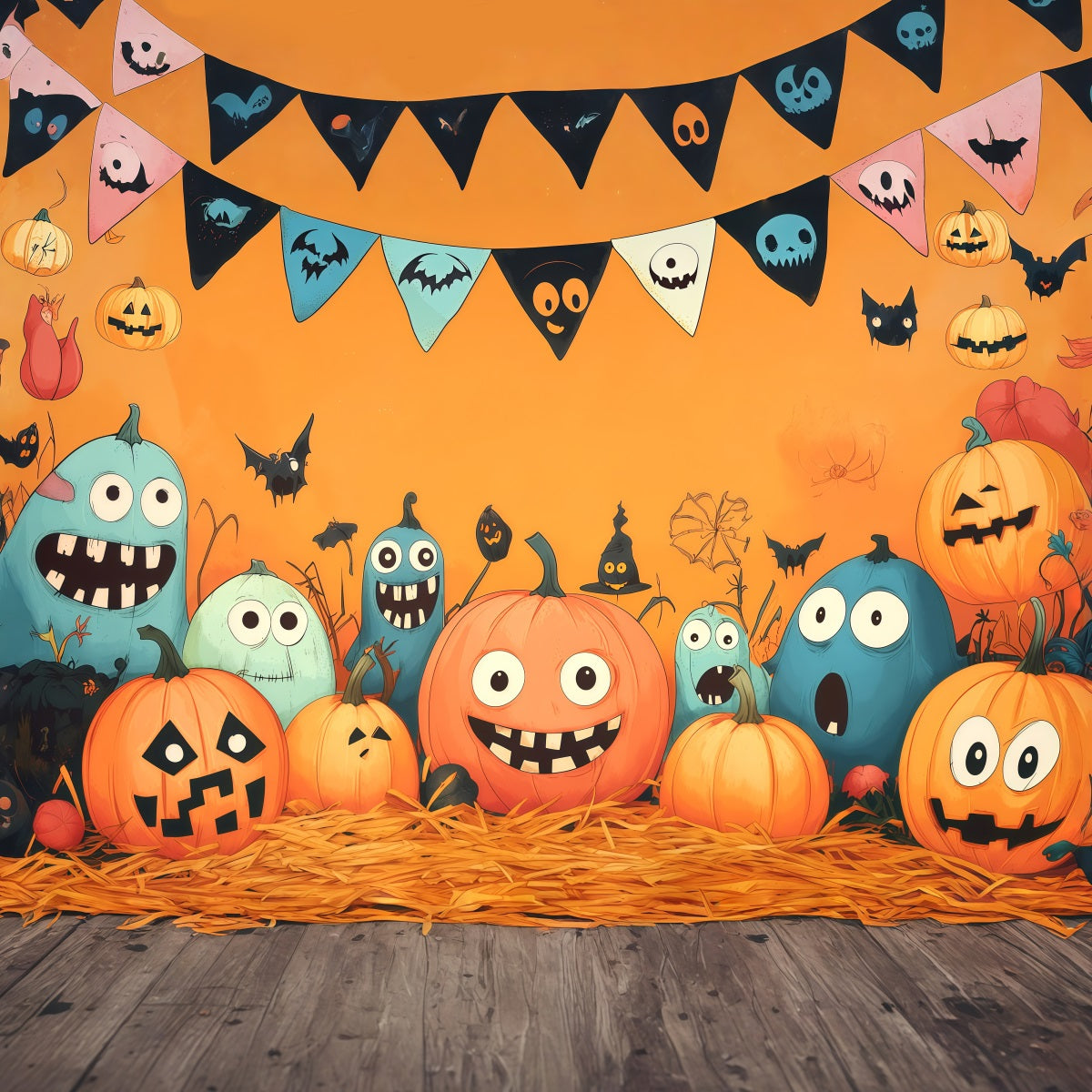 Pumpkin Backdrop Ideas Cartoon Monster Party Halloween Picture Backdrops UK RR67-190