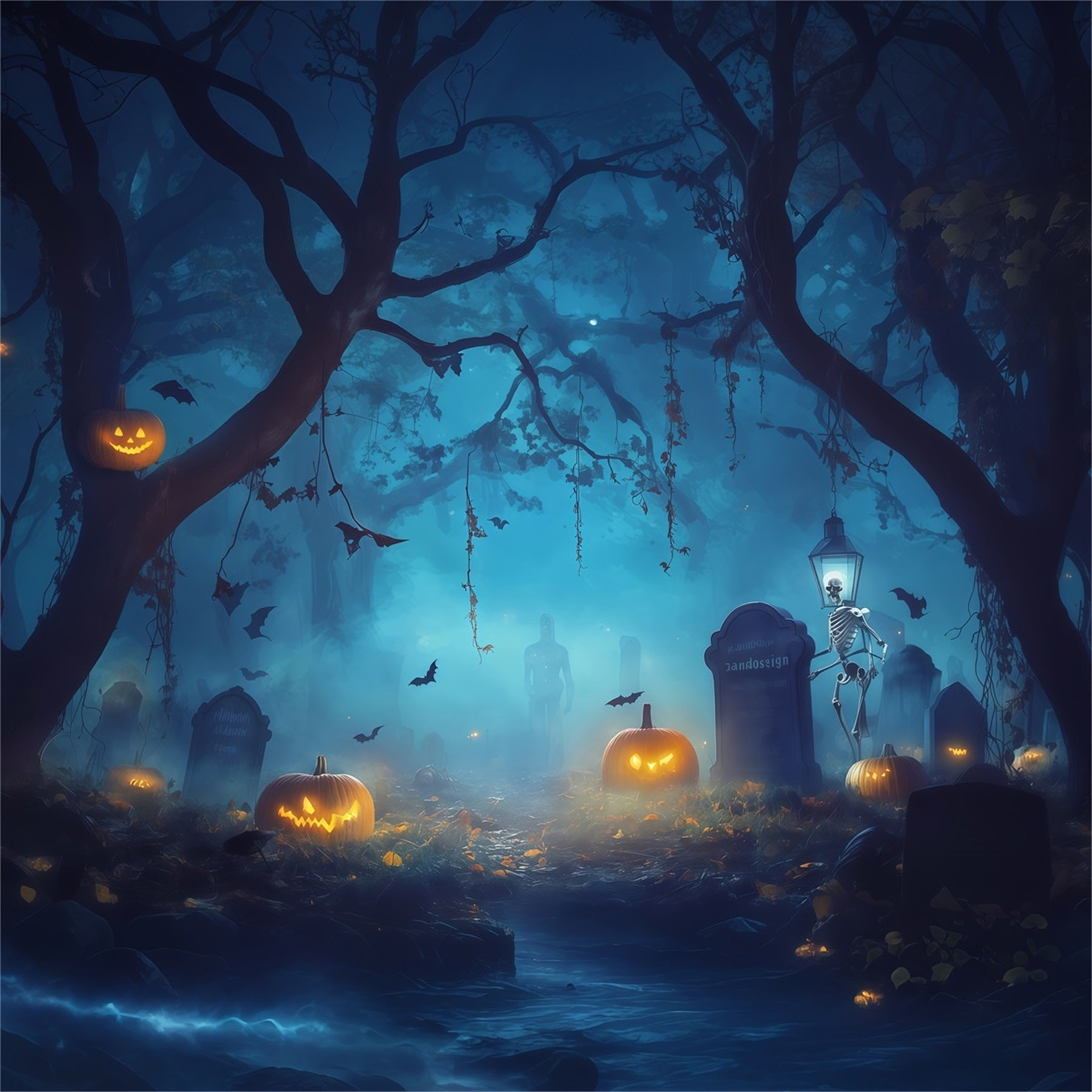 Jackolantern Backdrop Foggy Skeleton Graveyard Scary Halloween Backdrop Ideas UK RR67-192
