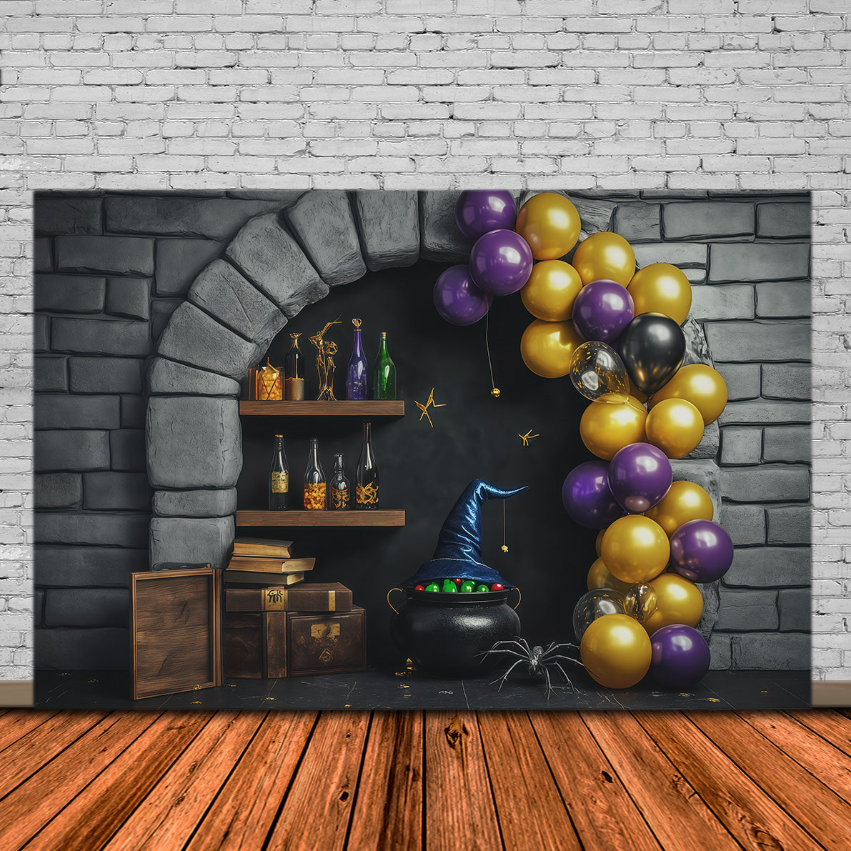 Stone Wall Backdrop Halloween Witch Potion Balloon Alcove Wizard Backdrop UK RR67-193
