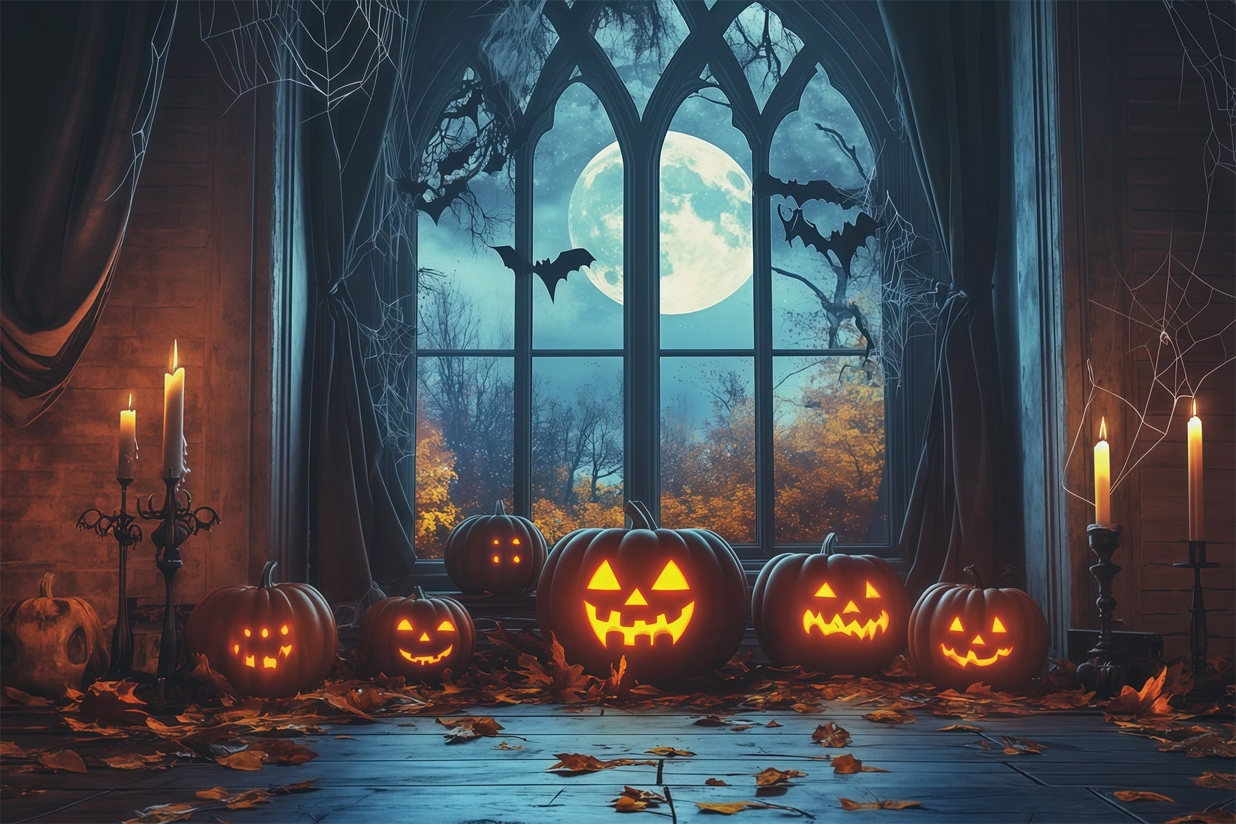 Halloween Backdrop Window Gothic Moonlit Pumpkin Halloween Arch Backdrop UK RR67-195