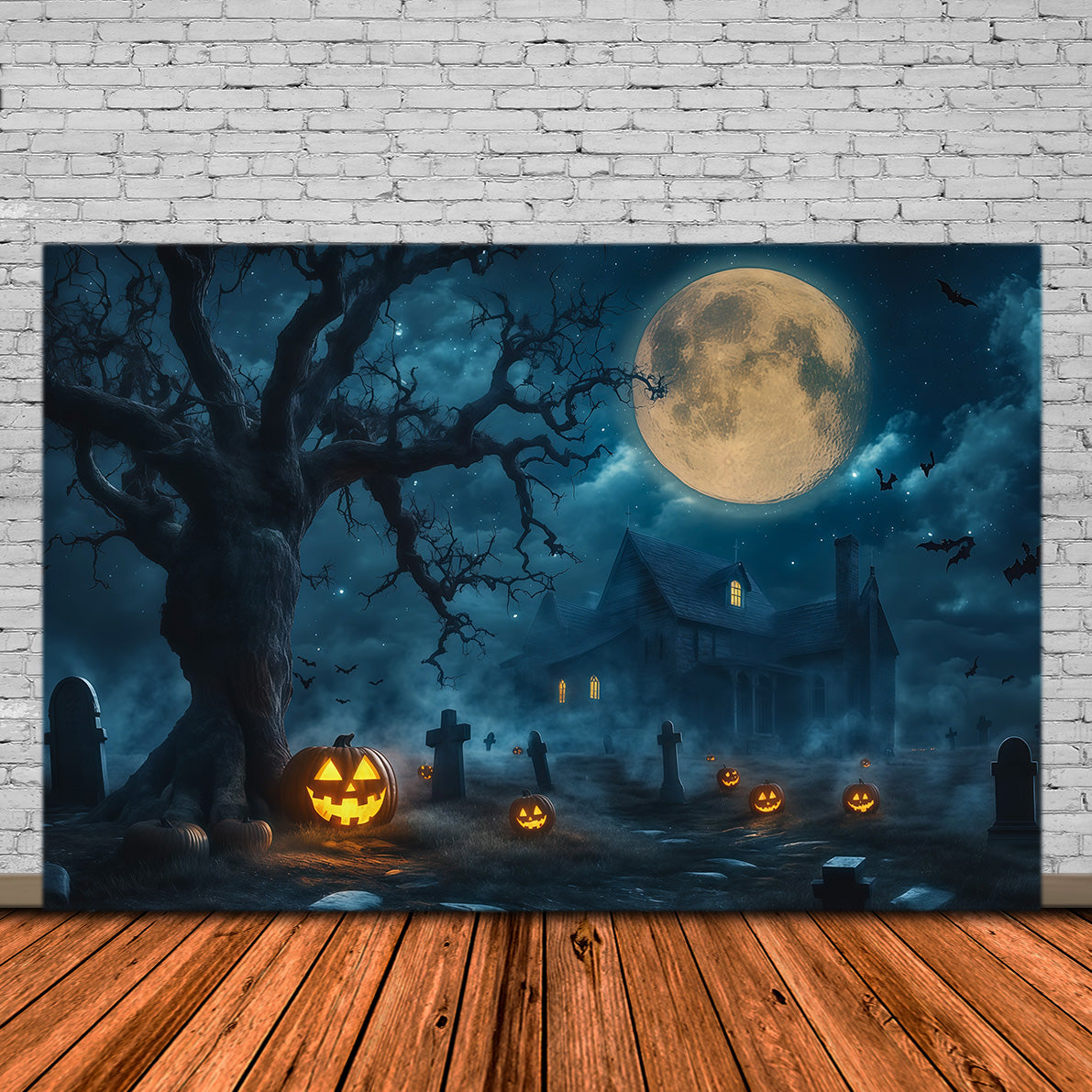 Haunted House Backdrop Banner Moonlit Pumpkin Graveyard Manor Halloween Stage Backdrop UK RR67-197