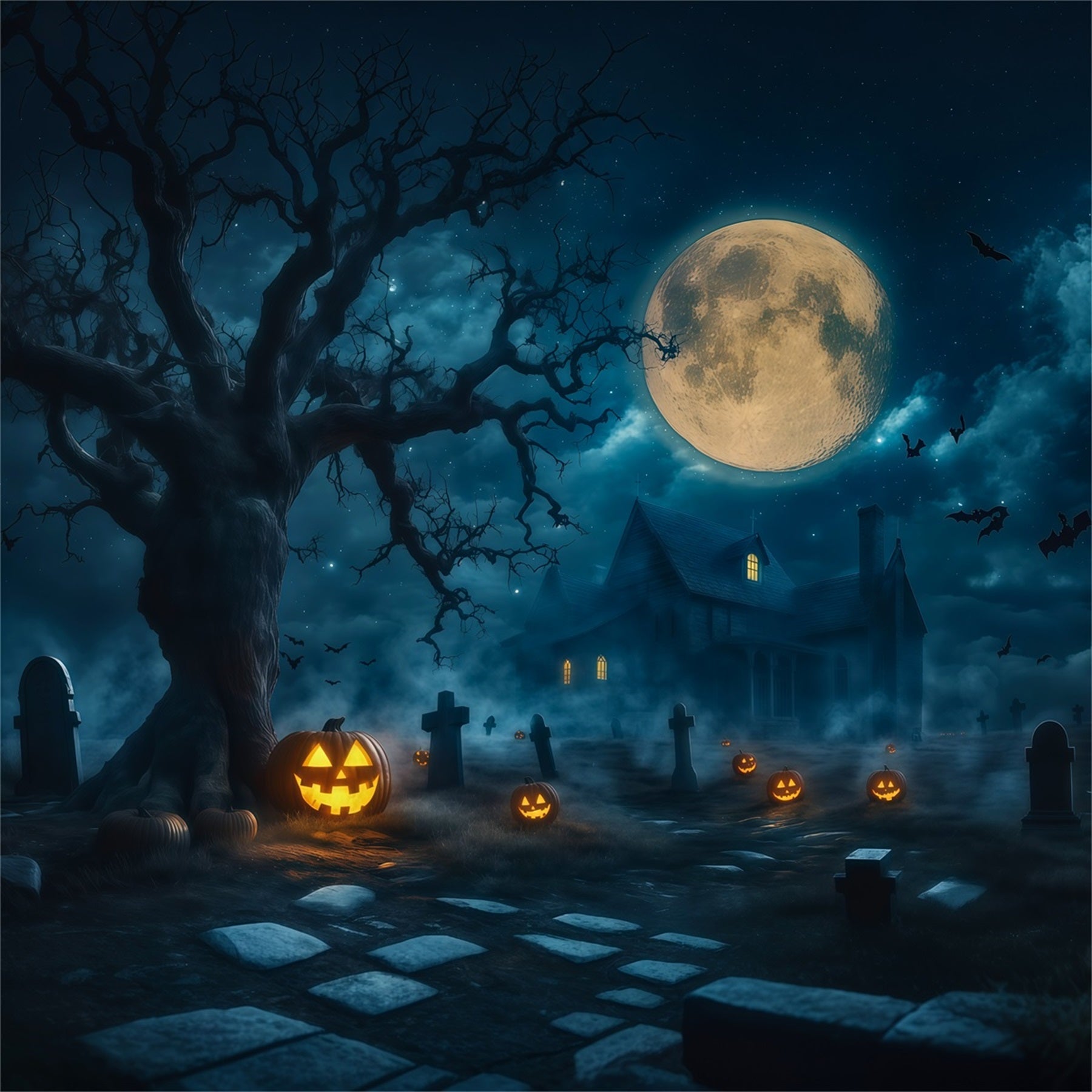 Haunted House Backdrop Banner Moonlit Pumpkin Graveyard Manor Halloween Stage Backdrop UK RR67-197