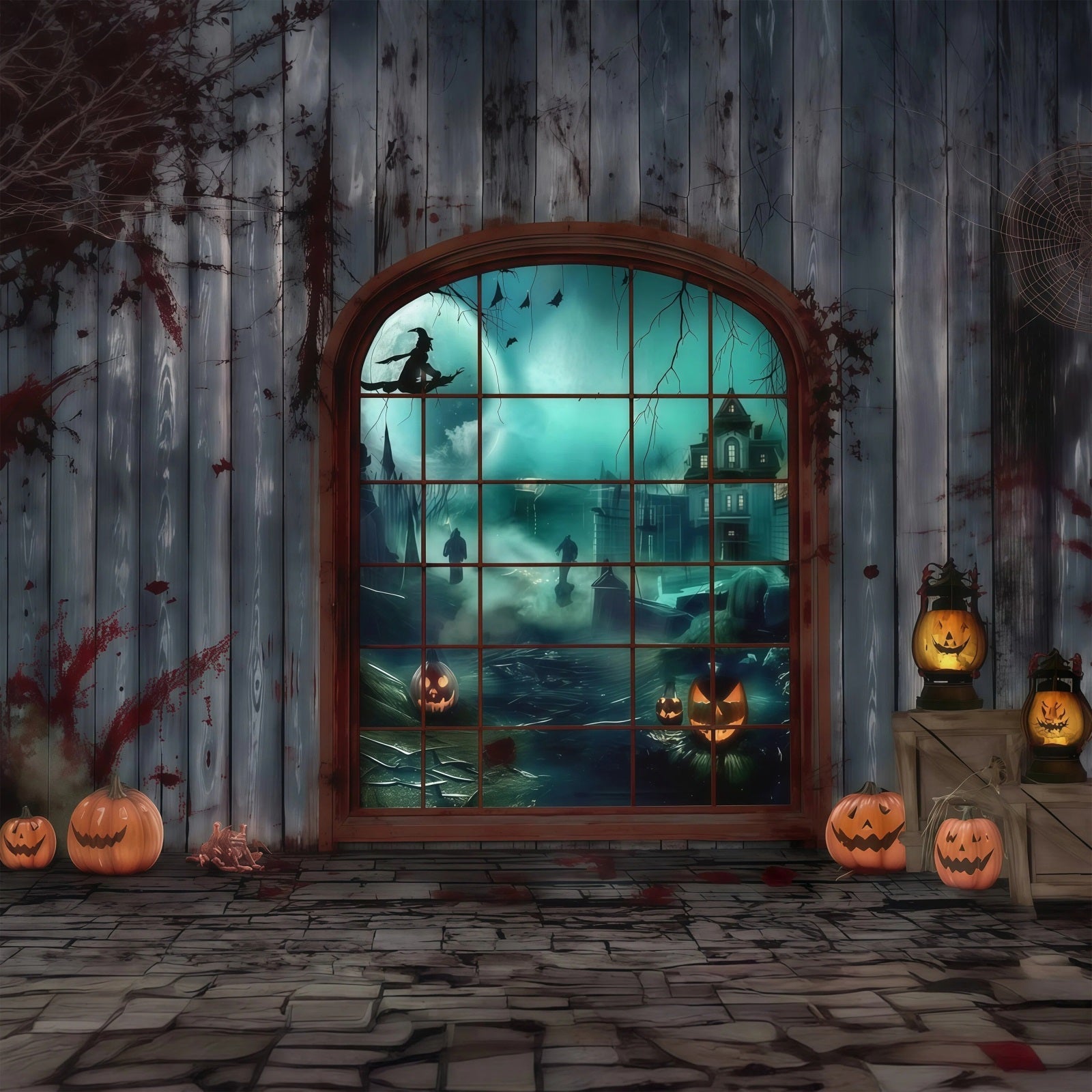 Halloween Bloody Backdrop Gothic Window Witch Pumpkins Halloween Backdrops UK RR67-2