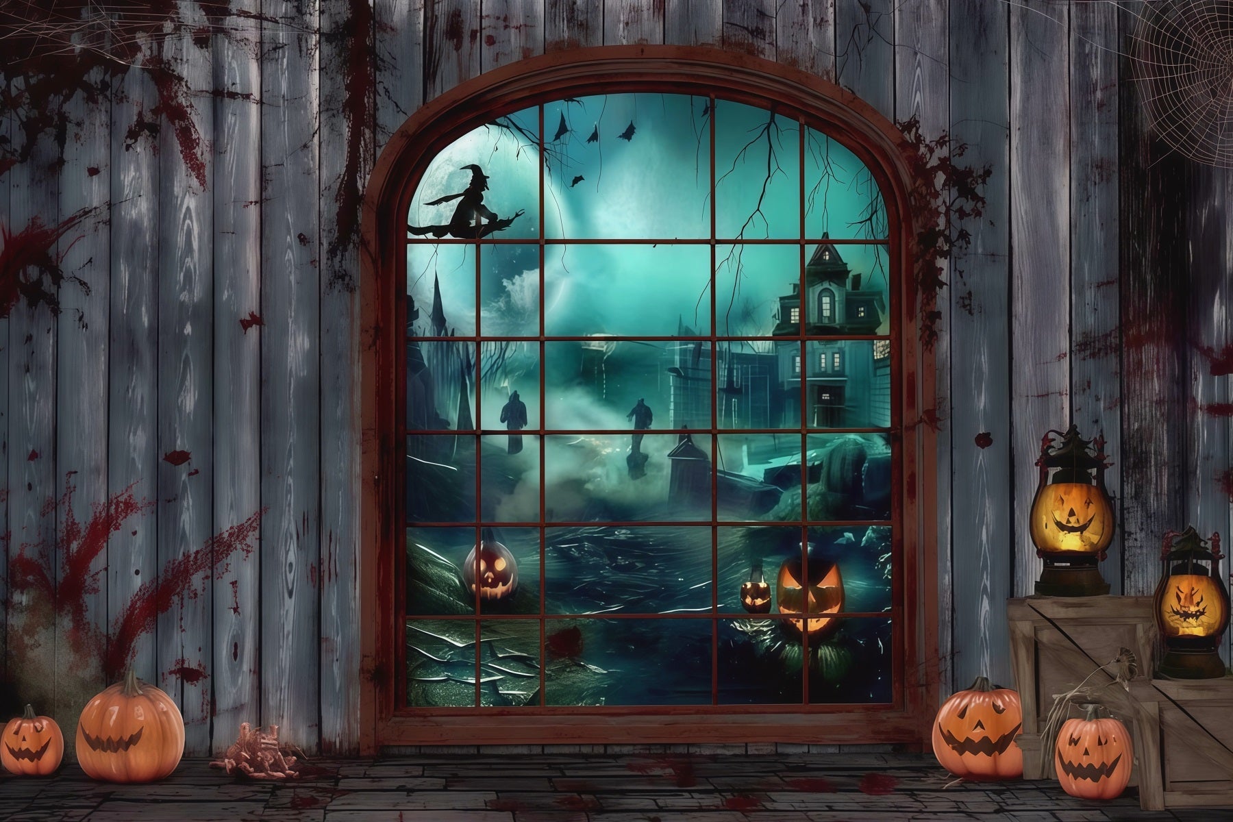 Halloween Bloody Backdrop Gothic Window Witch Pumpkins Halloween Backdrops UK RR67-2