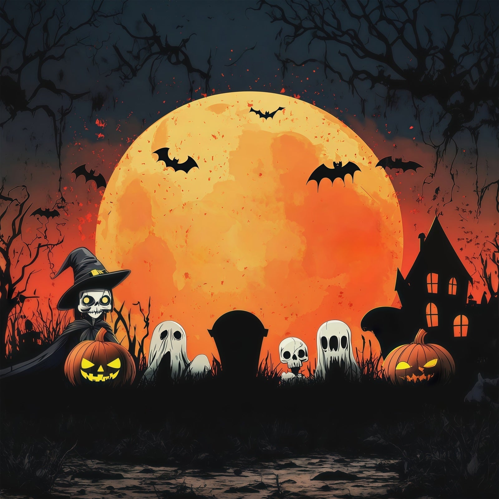 Backdrop Halloween Photo Booth Orange Moon Ghost Gathering Halloween Party Photo Backdrop UK RR67-20