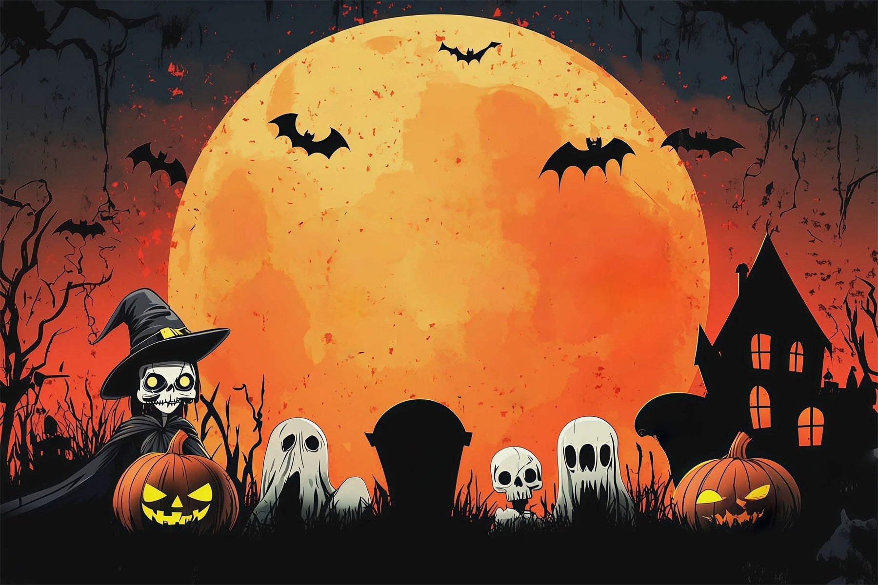 Backdrop Halloween Photo Booth Orange Moon Ghost Gathering Halloween Party Photo Backdrop UK RR67-20