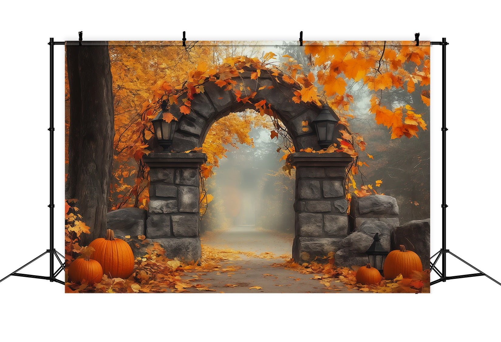 Autumn Backdrop With Pumpkins And Leaves Stone Gateway Photography Backdrops Halloween UK RR67-200