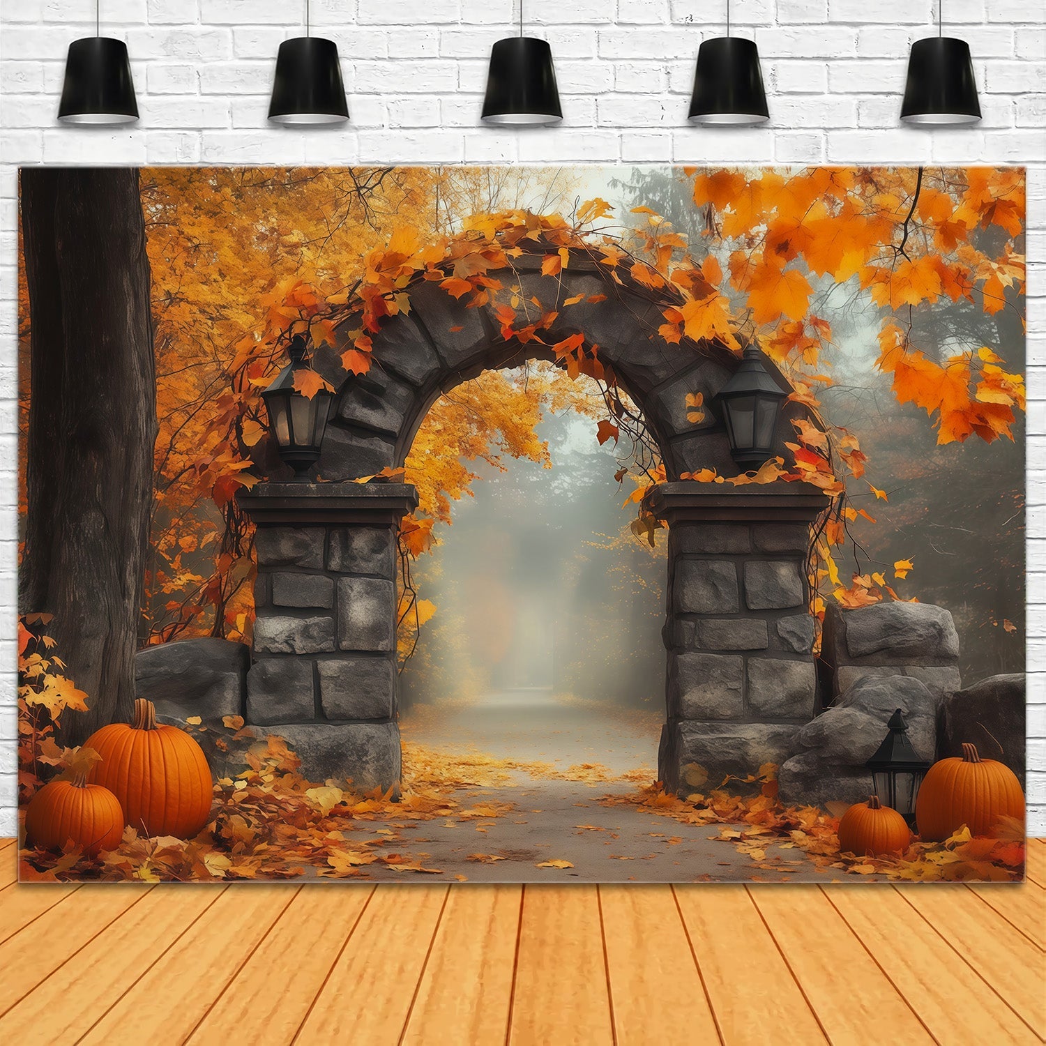 Autumn Backdrop With Pumpkins And Leaves Stone Gateway Photography Backdrops Halloween UK RR67-200
