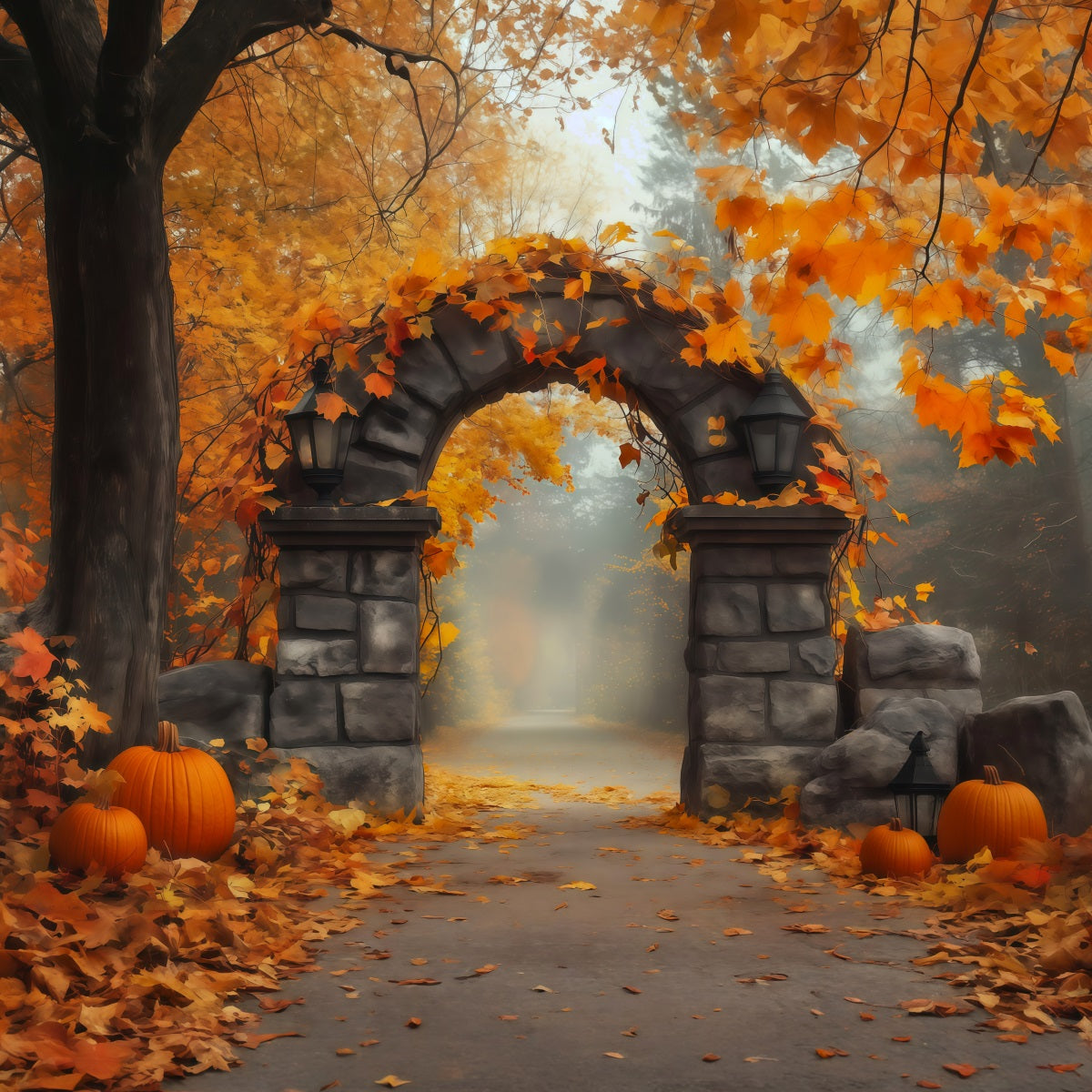 Autumn Backdrop With Pumpkins And Leaves Stone Gateway Photography Backdrops Halloween UK RR67-200