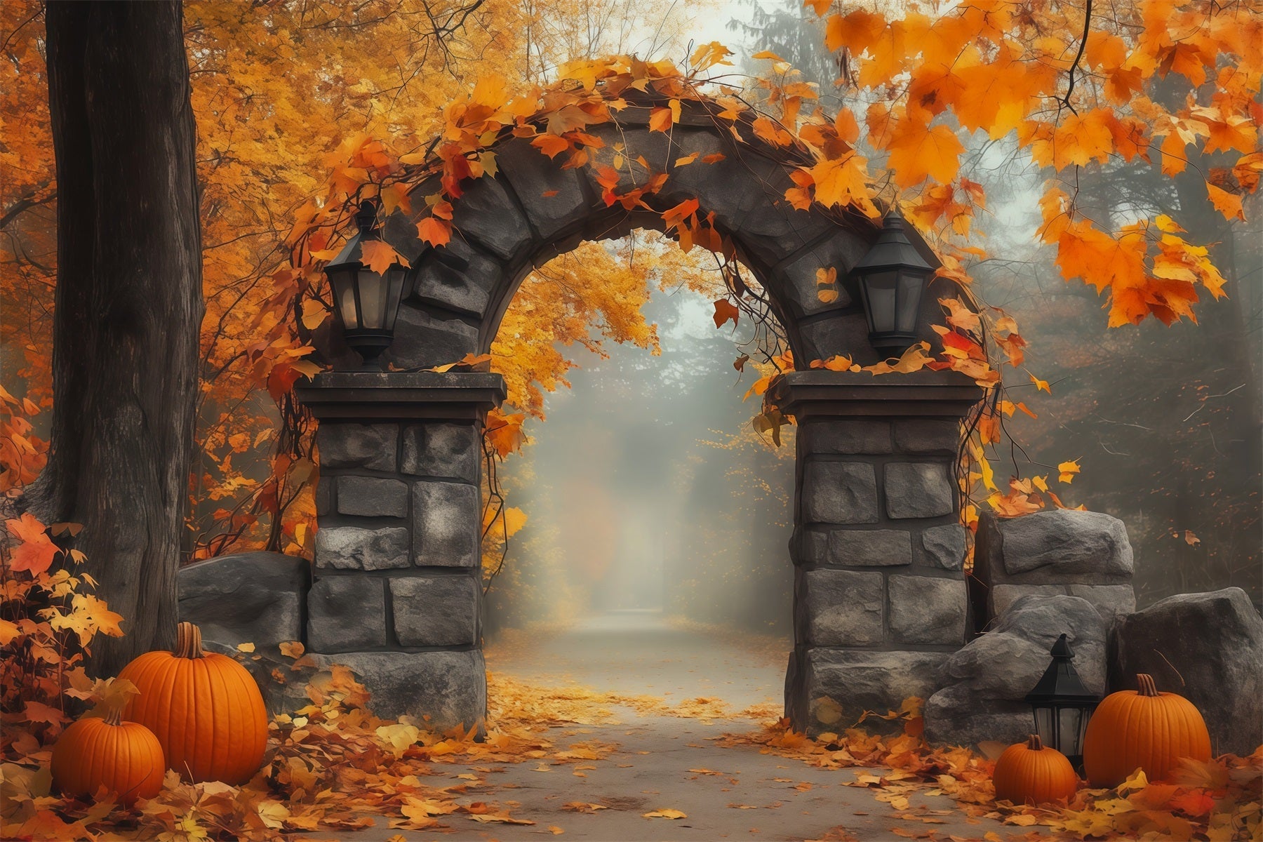 Autumn Backdrop With Pumpkins And Leaves Stone Gateway Photography Backdrops Halloween UK RR67-200