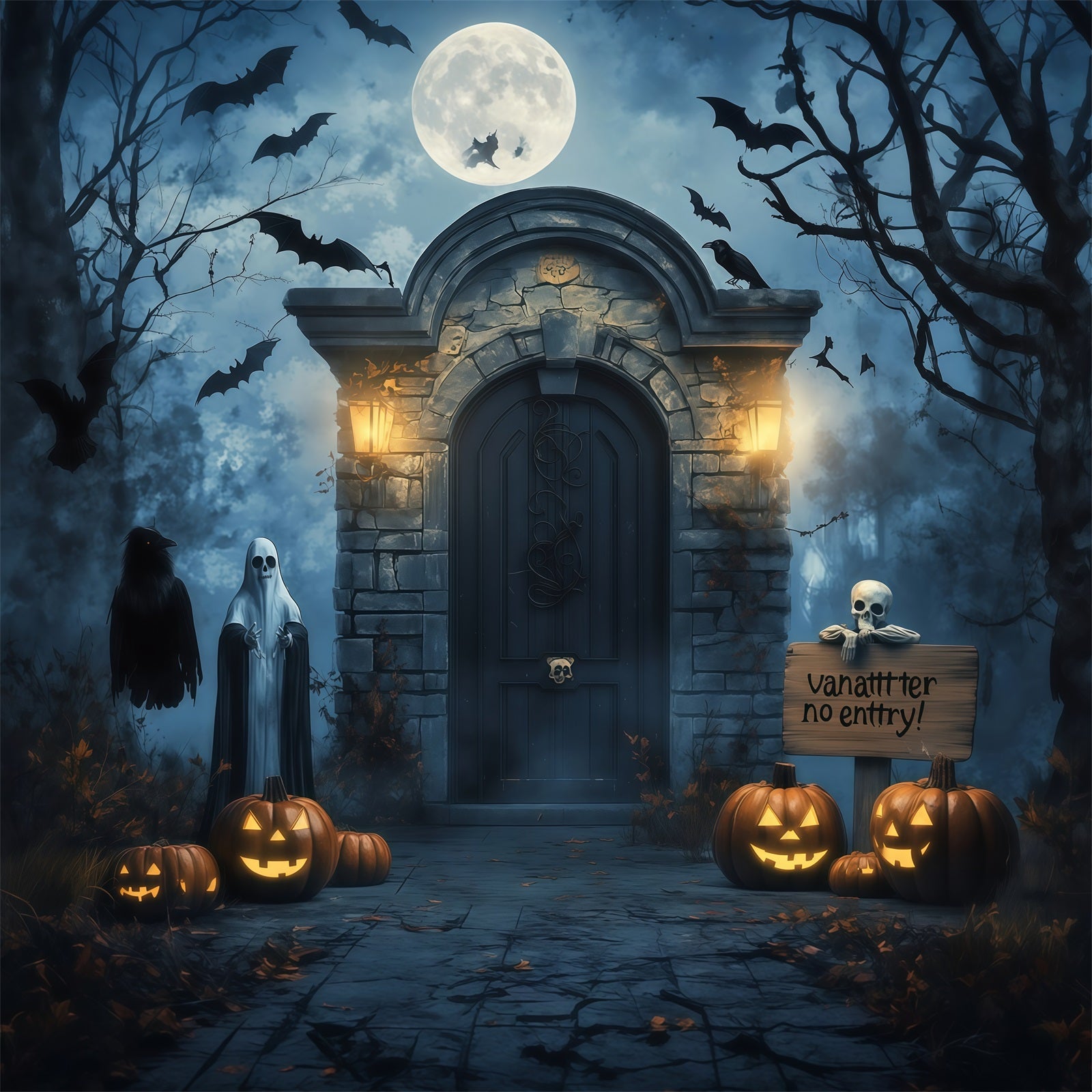 Halloween Backdrop Outdoor Haunted Door Ghost Pumpkins Photo Backdrop Halloween UK RR67-21
