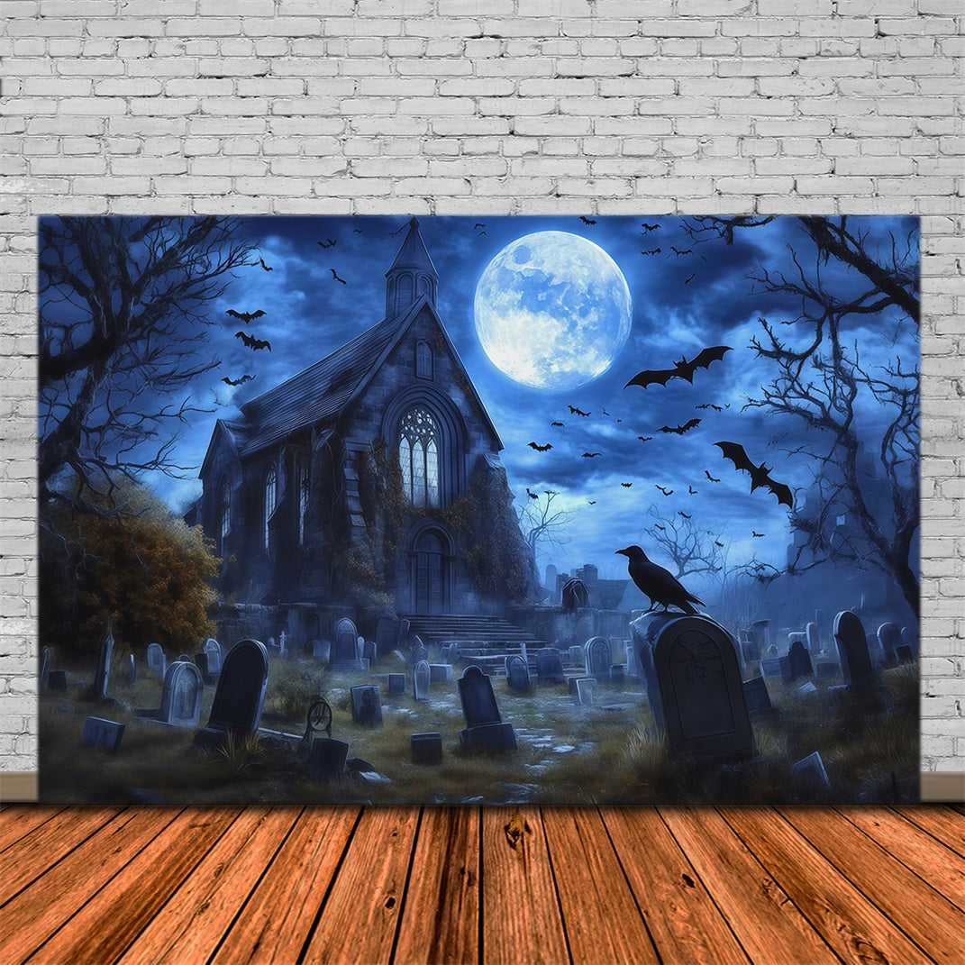 Halloween Graveyard Backdrops Moonlit Gothic House Bats Photo Booth Halloween Backdrop UK RR67-22