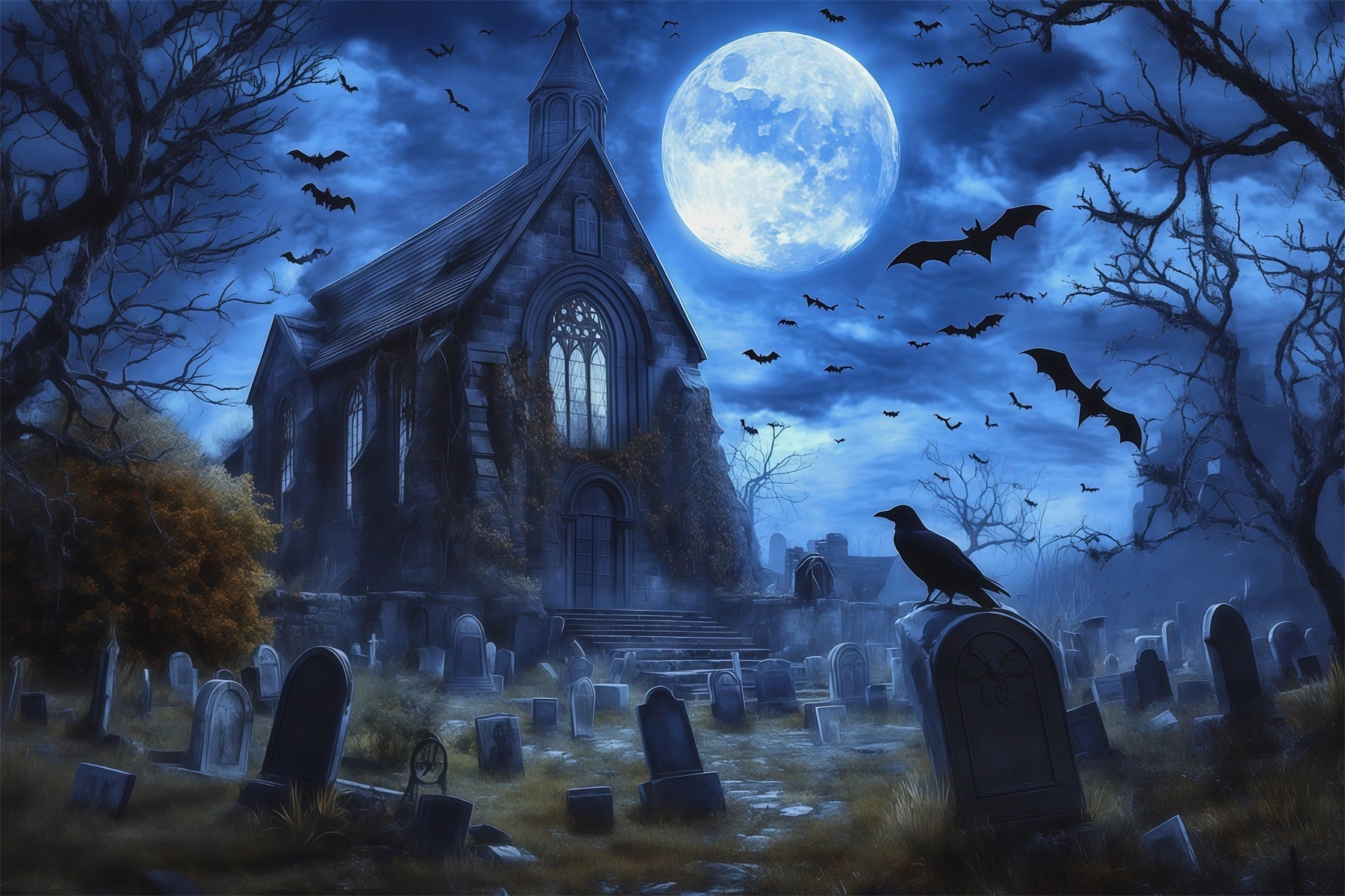 Halloween Graveyard Backdrops Moonlit Gothic House Bats Photo Booth Halloween Backdrop UK RR67-22
