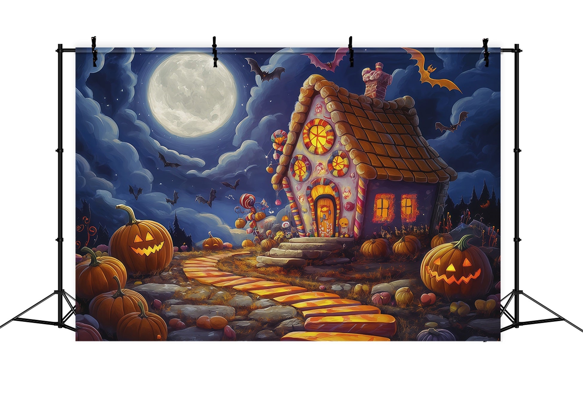 Halloween Backdrop For Photo Booth Moonlit Candy House Pumpkins Cute Halloween Backdrop UK RR67-23