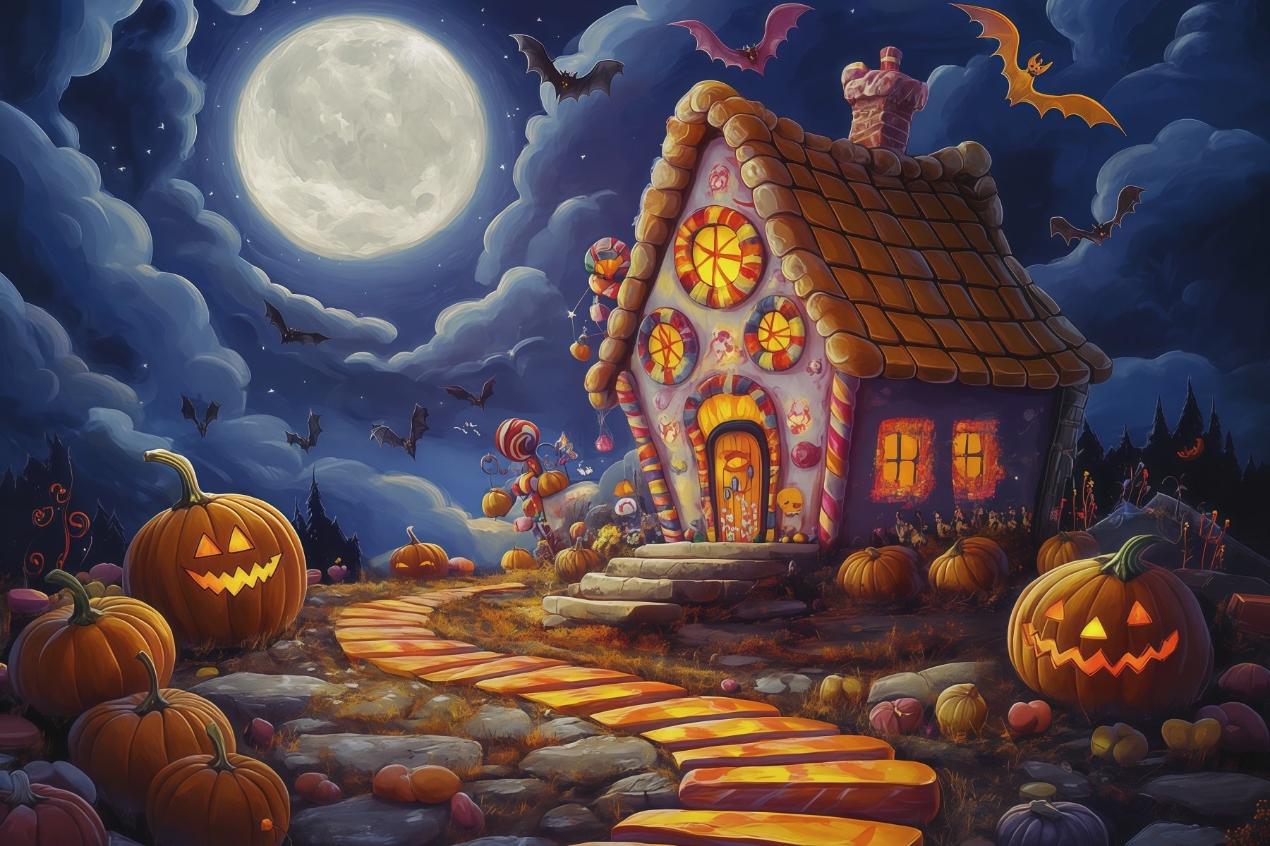 Halloween Backdrop For Photo Booth Moonlit Candy House Pumpkins Cute Halloween Backdrop UK RR67-23