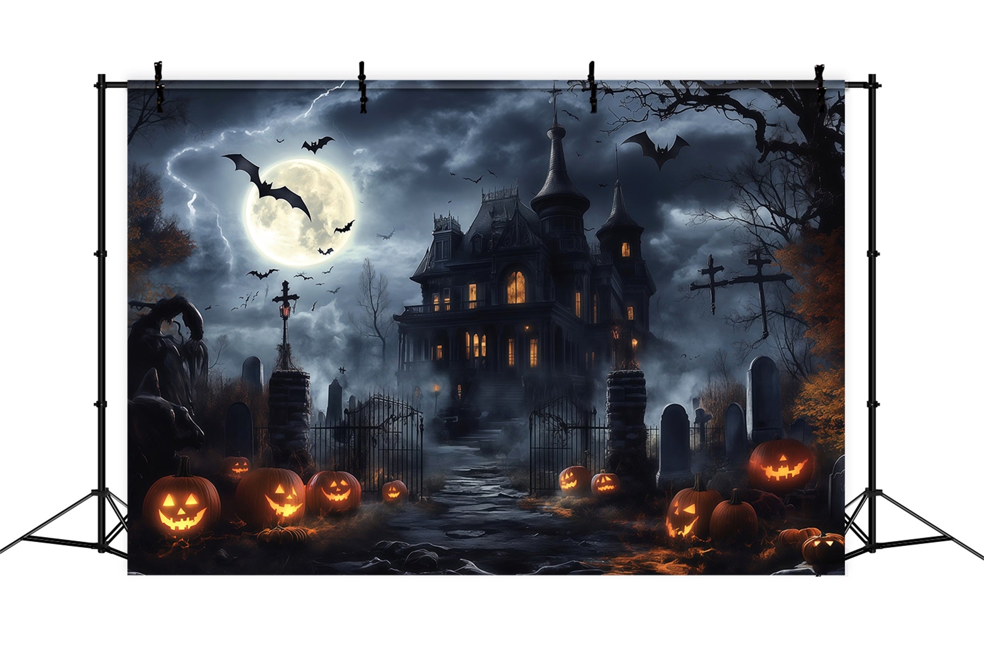 Halloween Spooky Backdrop Stormy Mansion Pumpkin Graveyard Spooky Halloween Backdrops UK RR67-24