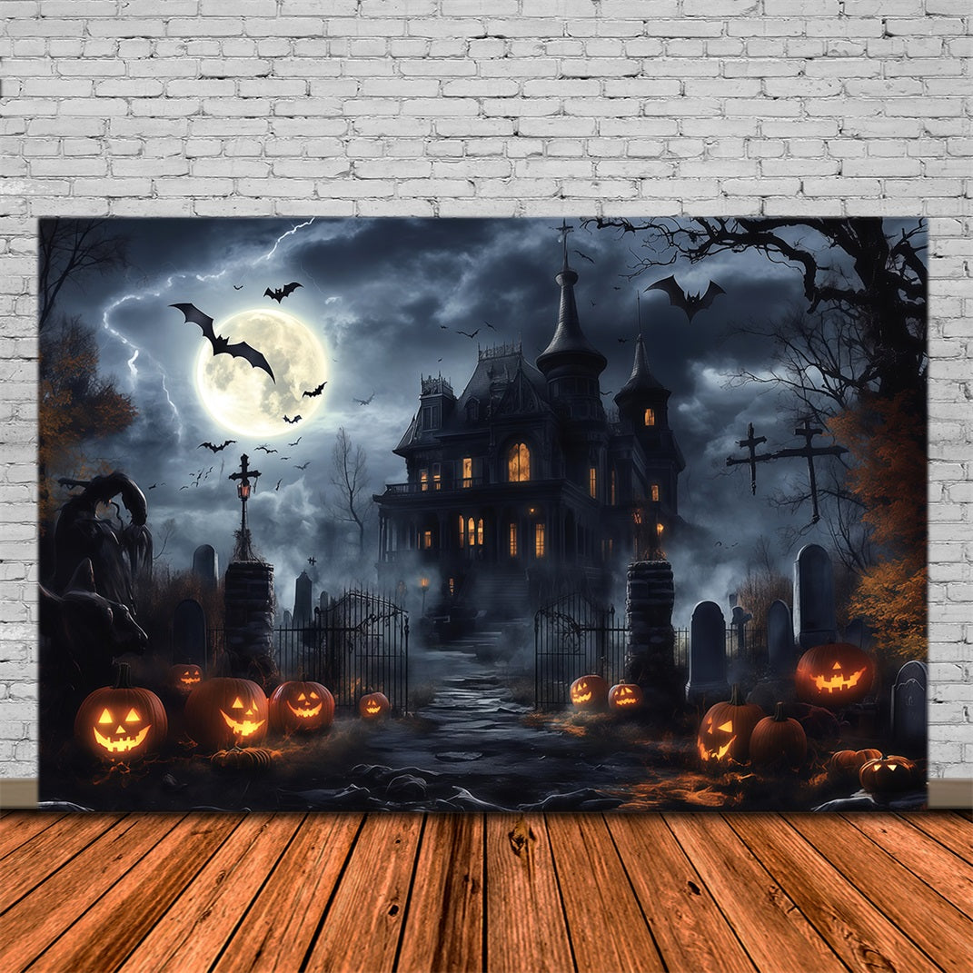 Halloween Spooky Backdrop Stormy Mansion Pumpkin Graveyard Spooky Halloween Backdrops UK RR67-24