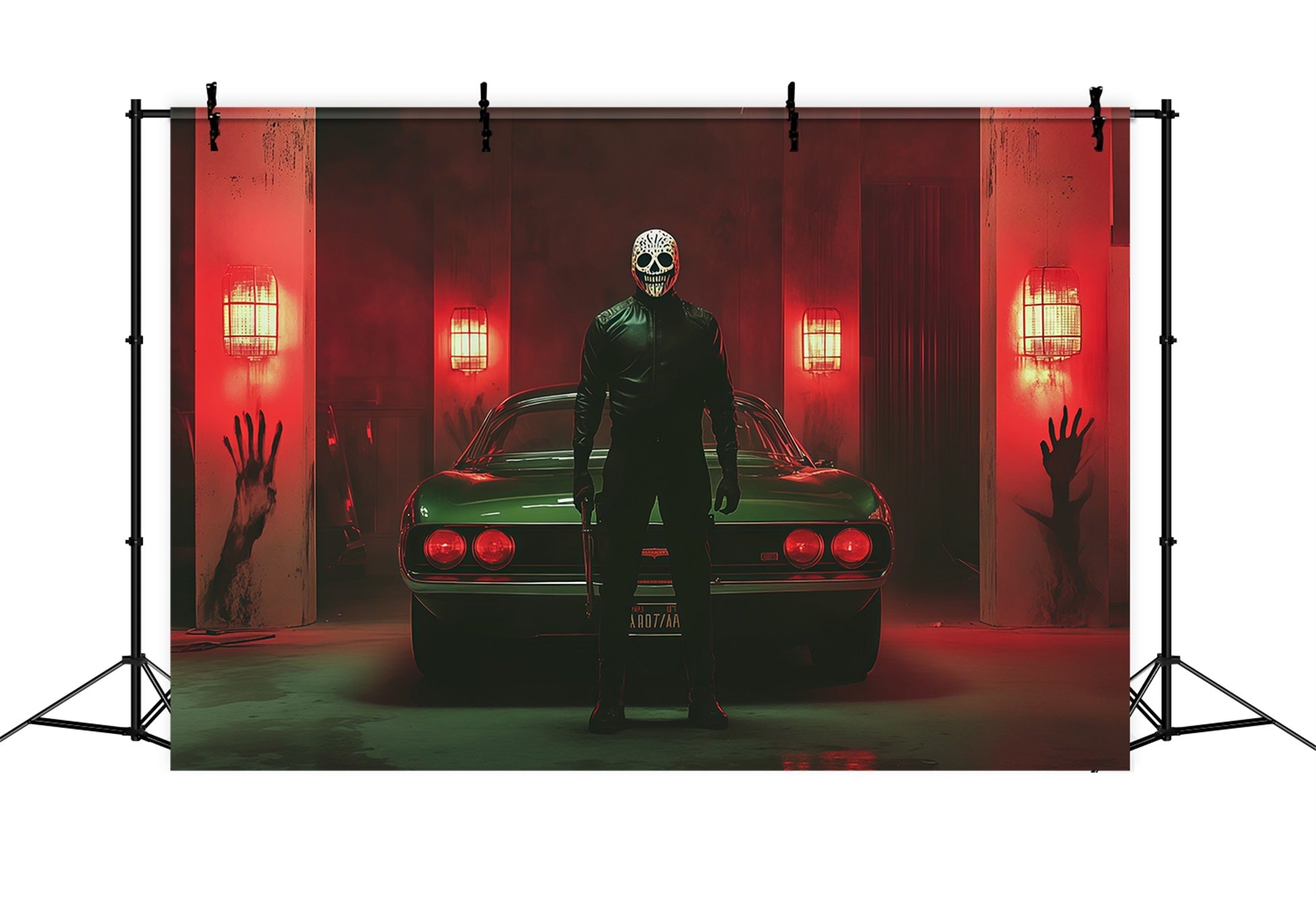 Halloween Garage Backdrop Masked Killer Car Bloody Handprint Backdrops For Halloween UK RR67-25