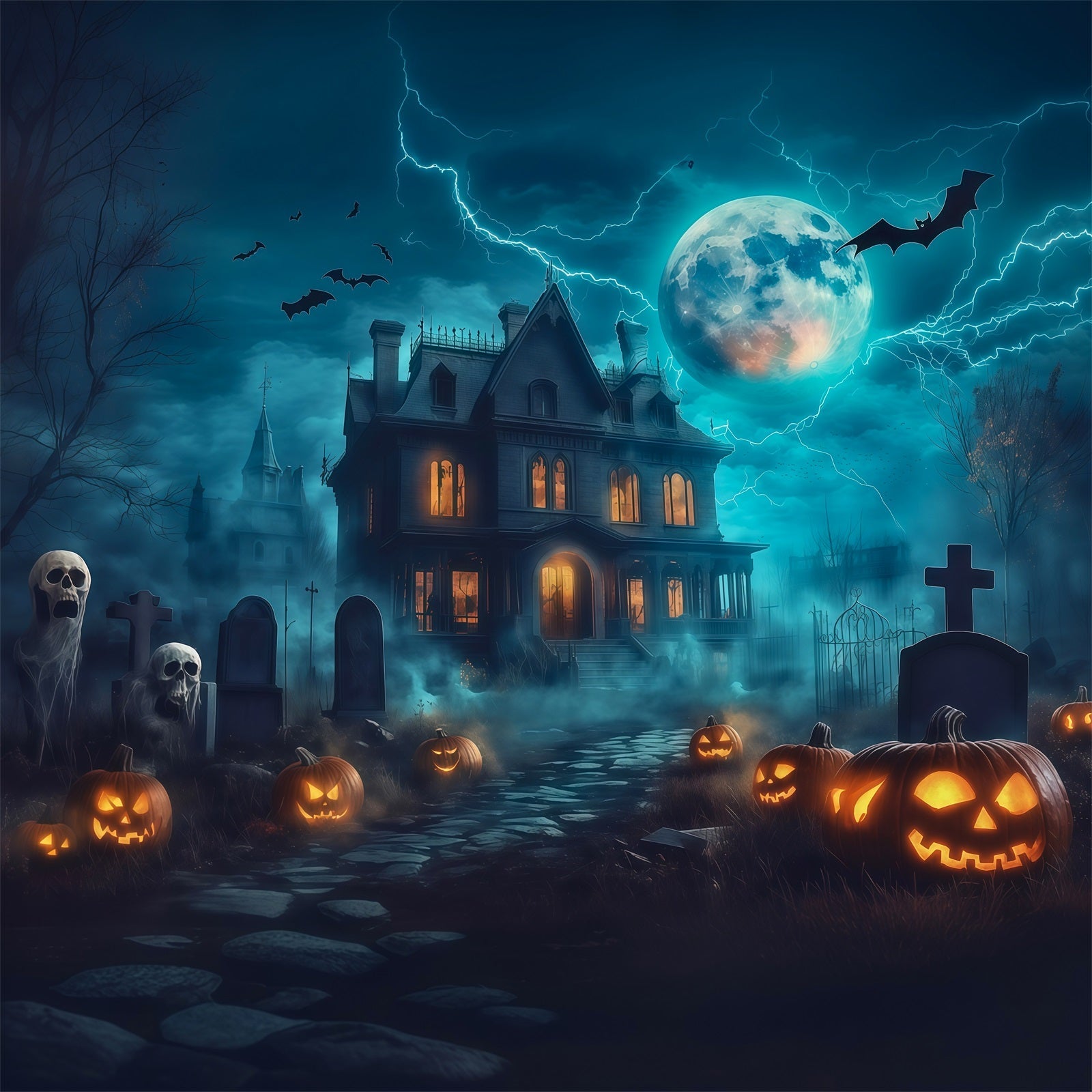 Halloween House Backdrop Lightning Mansion Pumpkin Graveyard Halloween Cemetery Backdrop UK RR67-27