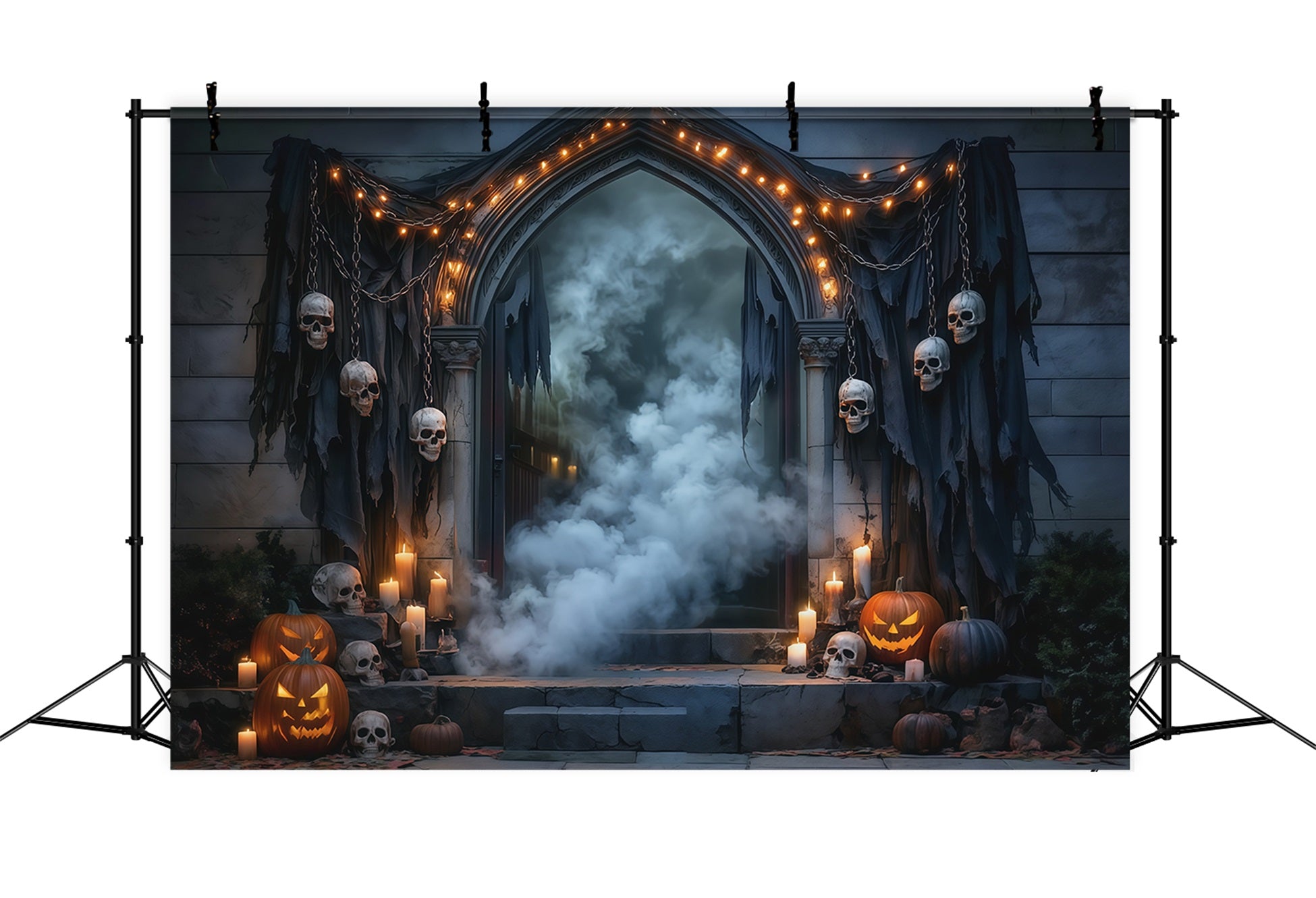 DIY Halloween Backdrop Ideas Skull Draped Foggy Doorway Scary Backdrops For Halloween UK RR67-31