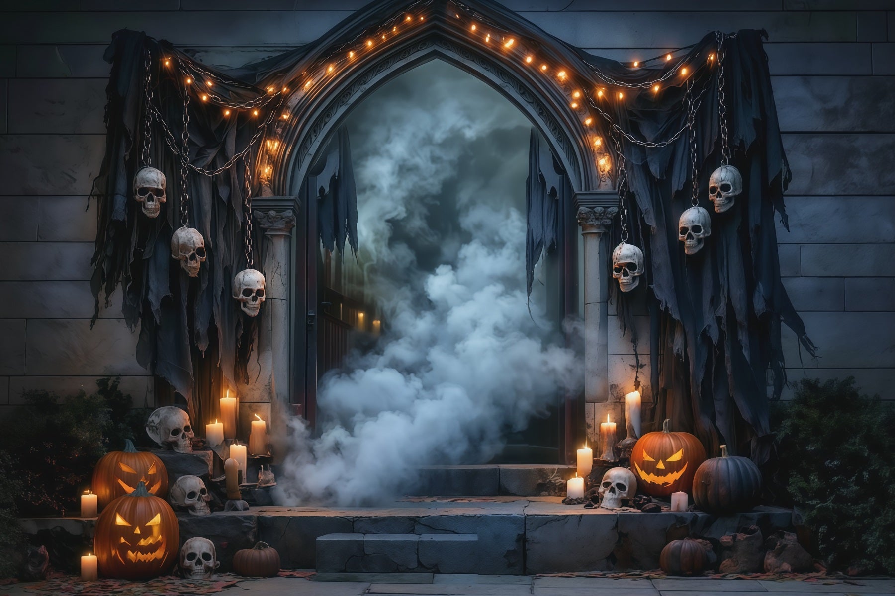 DIY Halloween Backdrop Ideas Skull Draped Foggy Doorway Scary Backdrops For Halloween UK RR67-31