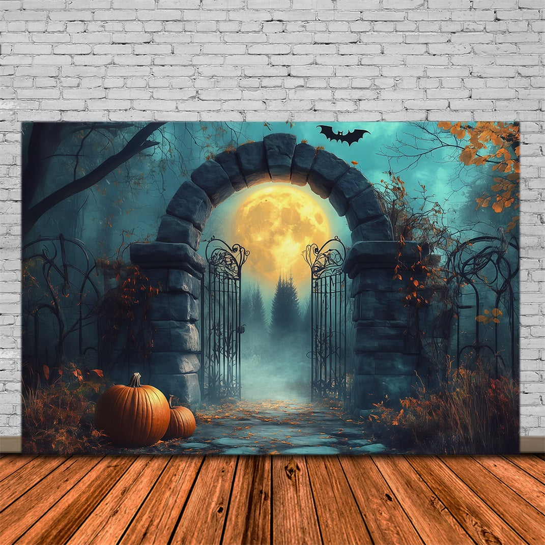 Halloween Arch Backdrop Moonlit Stone Gate Pumpkins Large Halloween Backdrops UK RR67-33