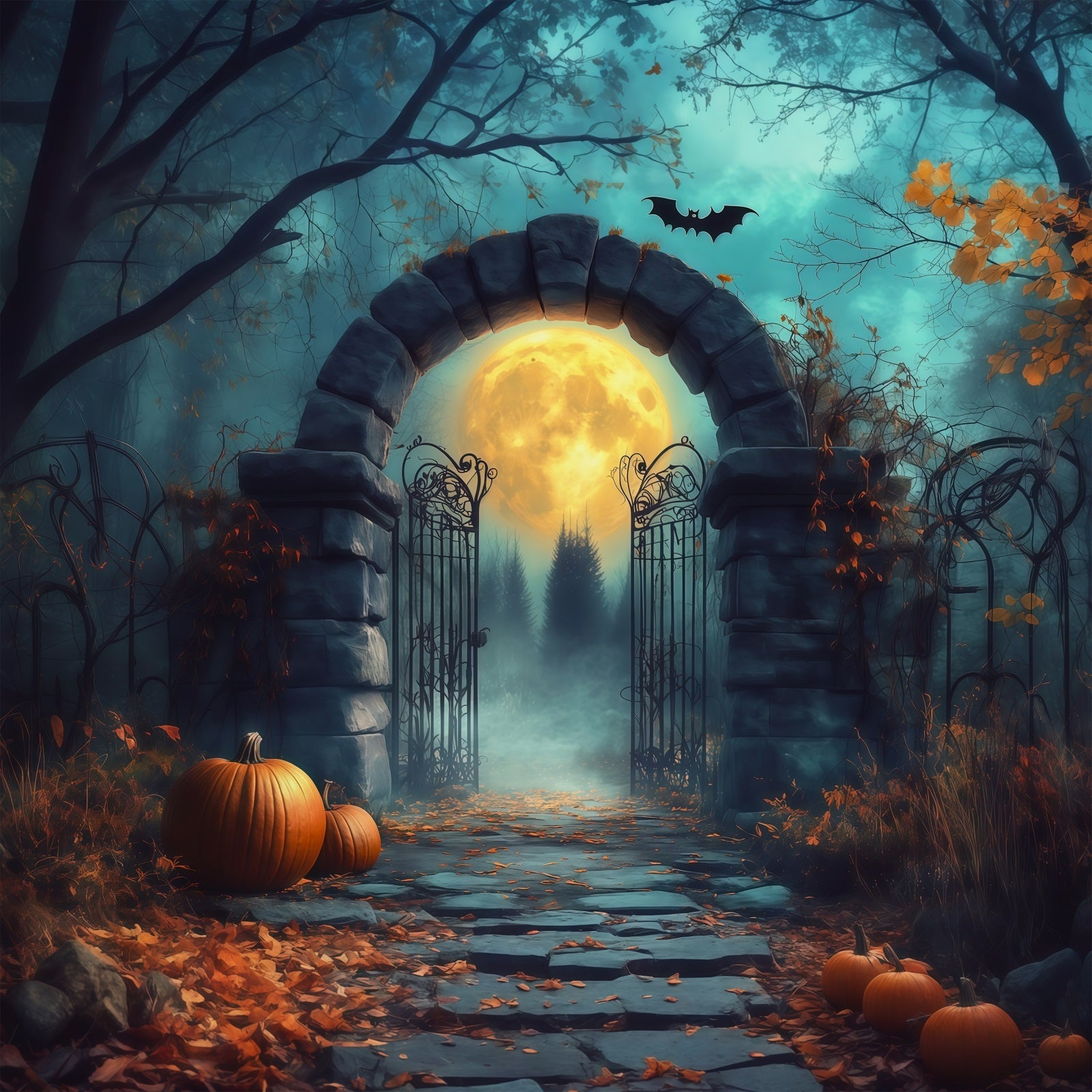 Halloween Arch Backdrop Moonlit Stone Gate Pumpkins Large Halloween Backdrops UK RR67-33