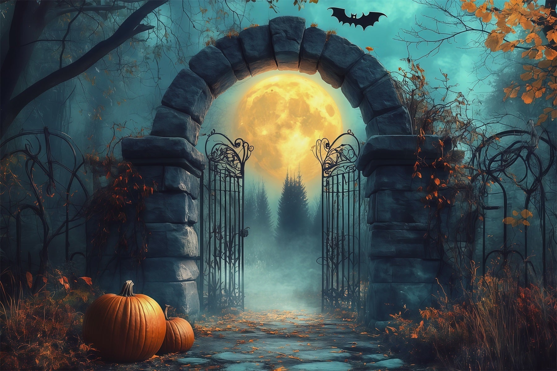 Halloween Arch Backdrop Moonlit Stone Gate Pumpkins Large Halloween Backdrops UK RR67-33