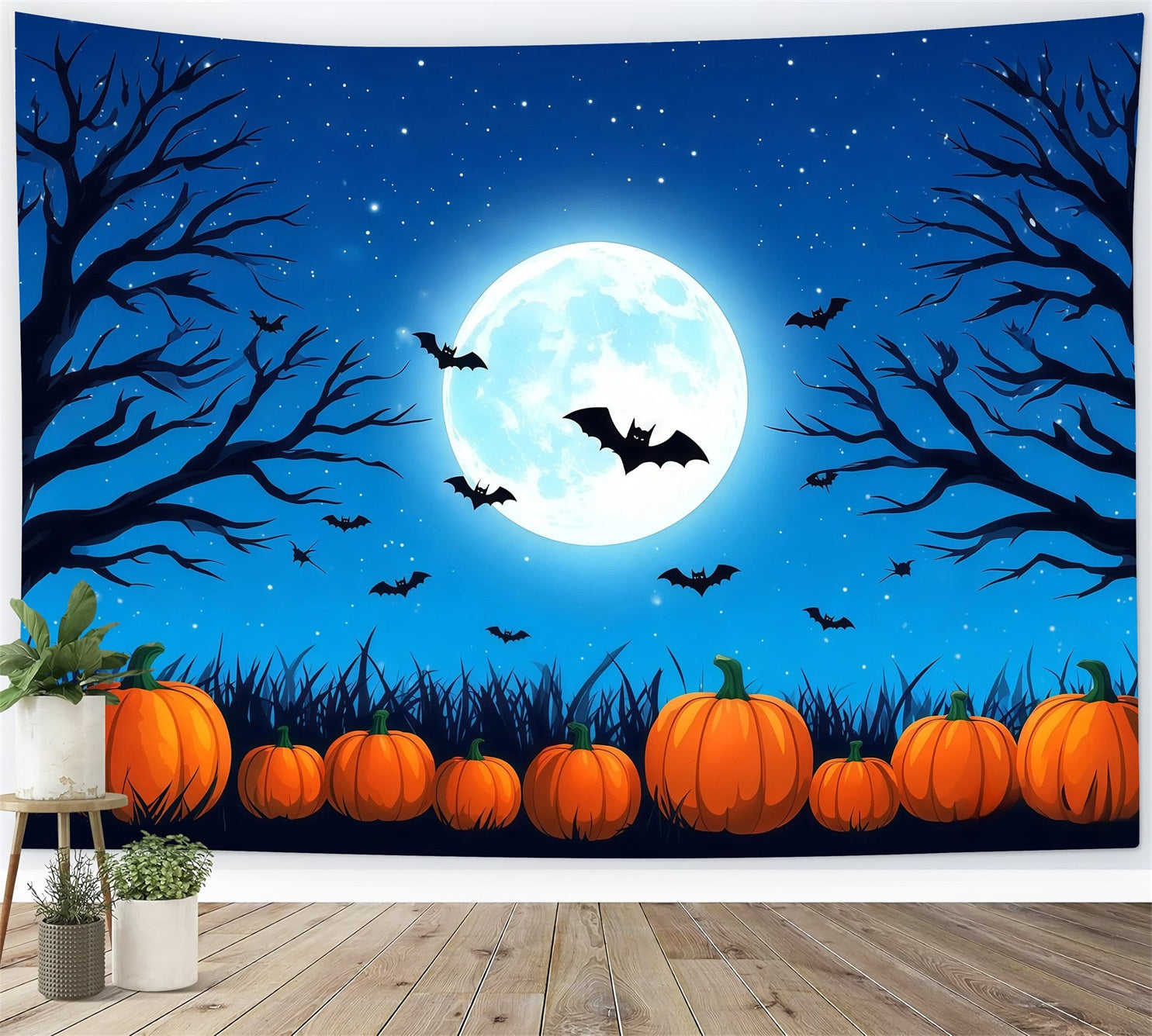 Halloween Backdrop Photo Booth Blue Moon Pumpkin Bats Backdrops Halloween UK RR67-34