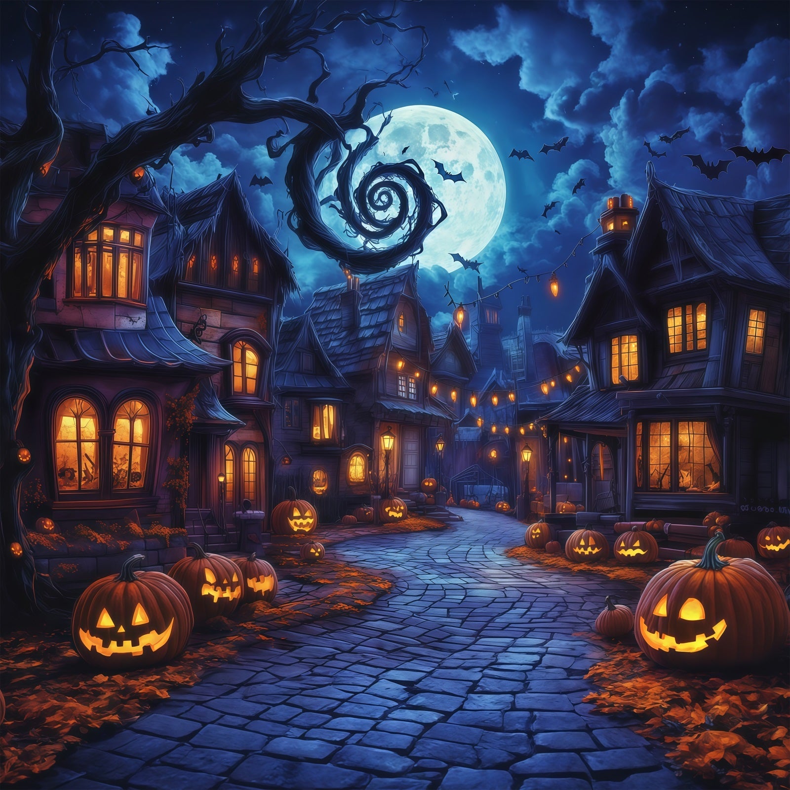 Photography Backdrops Halloween Spooky Village Pumpkin Street Halloween Town Backdrop UK RR67-37