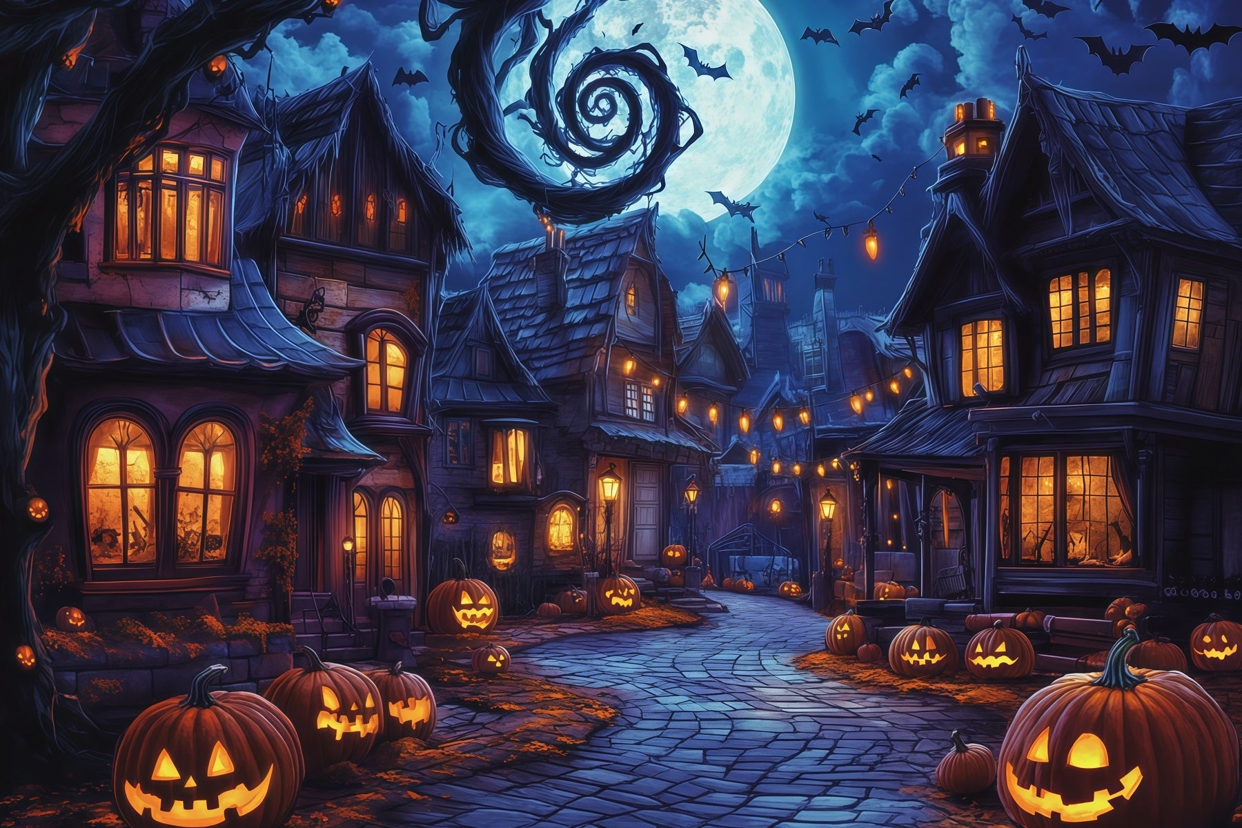 Photography Backdrops Halloween Spooky Village Pumpkin Street Halloween Town Backdrop UK RR67-37